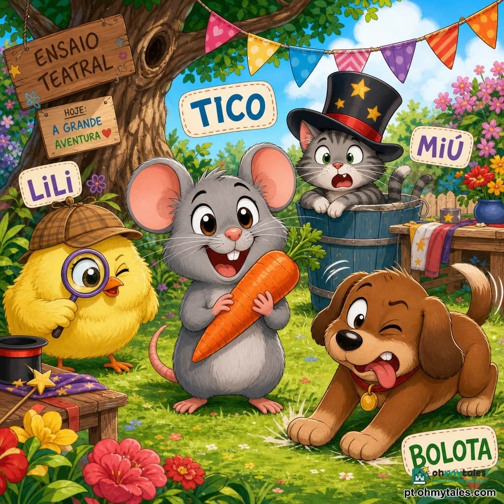 Um pequeno rato cinza chamado Tico, alegre e entusiasmado, com grandes orelhas arredondadas e olhos brilhantes, sorri segurando uma cenoura laranja nas patinhas no centro; à esquerda, uma galinha amarela e redonda chamada Lili, com penas felpudas, segura uma lupa de brinquedo em pose de detetive; à direita, um cão marrom e rechonchudo chamado Bolota, com rabo comprido abanando, faz uma careta cômica pronto para tropeçar; atrás de Tico, um gato tigrado cinza e esguio chamado Miú, usando um grande chapéu de mágico, está preso até a metade em um balde, surpreso e divertido; ao fundo, a sorridente Dona Rosa, cabelos brancos em coque, segura um pacote de pipoca junto a uma cerca de madeira azul; tudo em um quintal ensolarado com grama verde, flores coloridas, uma árvore antiga de galhos retorcidos e uma mesa de madeira, em cena de ensaio teatral festivo com guirlandas, acessórios e atmosfera calorosa e divertida.