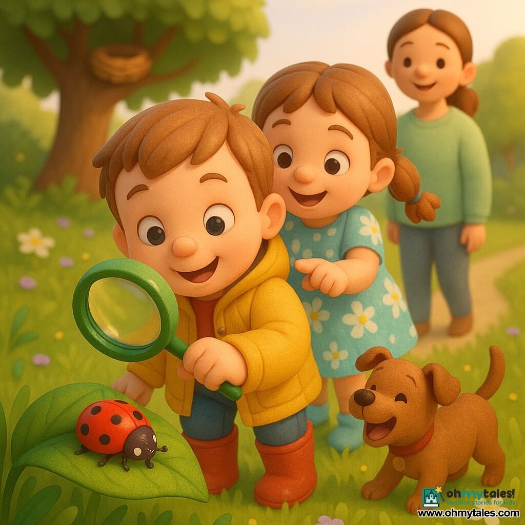 A smiling, wide-eyed 4-year-old boy with short light-brown hair, round cheeks, a yellow jacket and red boots holds a green magnifying glass to examine a red-and-black ladybug on a leaf; nearby a cheerful 4-year-old girl, Lily, with brown braids and a light-blue floral dress looks over his shoulder and points at the leaf; a kindly mother with tied-back hair in a pastel-green sweater stands a few steps away smiling; a small brown dog, Max, barks softly and wags his tail at their feet; spring garden with dense green grass, small white and purple flowers, a large tree with a nest and a light dirt path; warm late-afternoon light, long shadows, soft calm atmosphere; composition focuses on the magnifying glass and ladybug in close-up, characters arranged in a triangle, blurred background