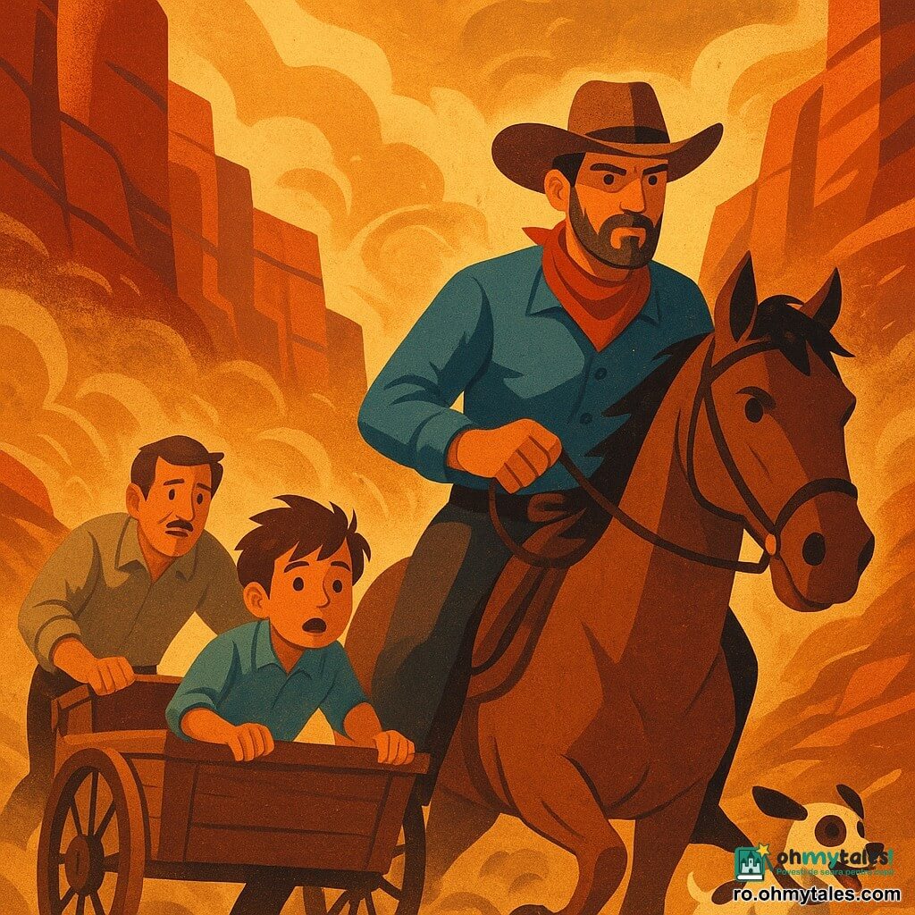 Eli, calm dar hotărât, cu fața bronzată, barbă scurtă și pălărie de cowboy prăfuită, călare ca ghid ținând uzura, stă în față; Tom, băiat de ~8 ani cu păr șuvițat, împinge o roată mică a căruței din lemn aflată la stânga calului; tatăl lui Tom, în jur de 40 de ani, cu mâini bătătorite, ajută din spate-dreapta; câinele Pistrui, mic, alb cu pete negre, latră alergând în fața roții din față; toți străbat un canion îngust cu pereți roșii striați, potecă prăfuită și bolovani ascuțiți, bătuti de o furtună de praf galben-ocru care ridică vârtejuri de nisip; scenă dinamică, urgentă dar solidară, siluete clare, contrast puternic, paletă caldă de ocres, roșii și albastru, formă grafică cu contururi nette și textură granuloasă, lumină de apus joasă.