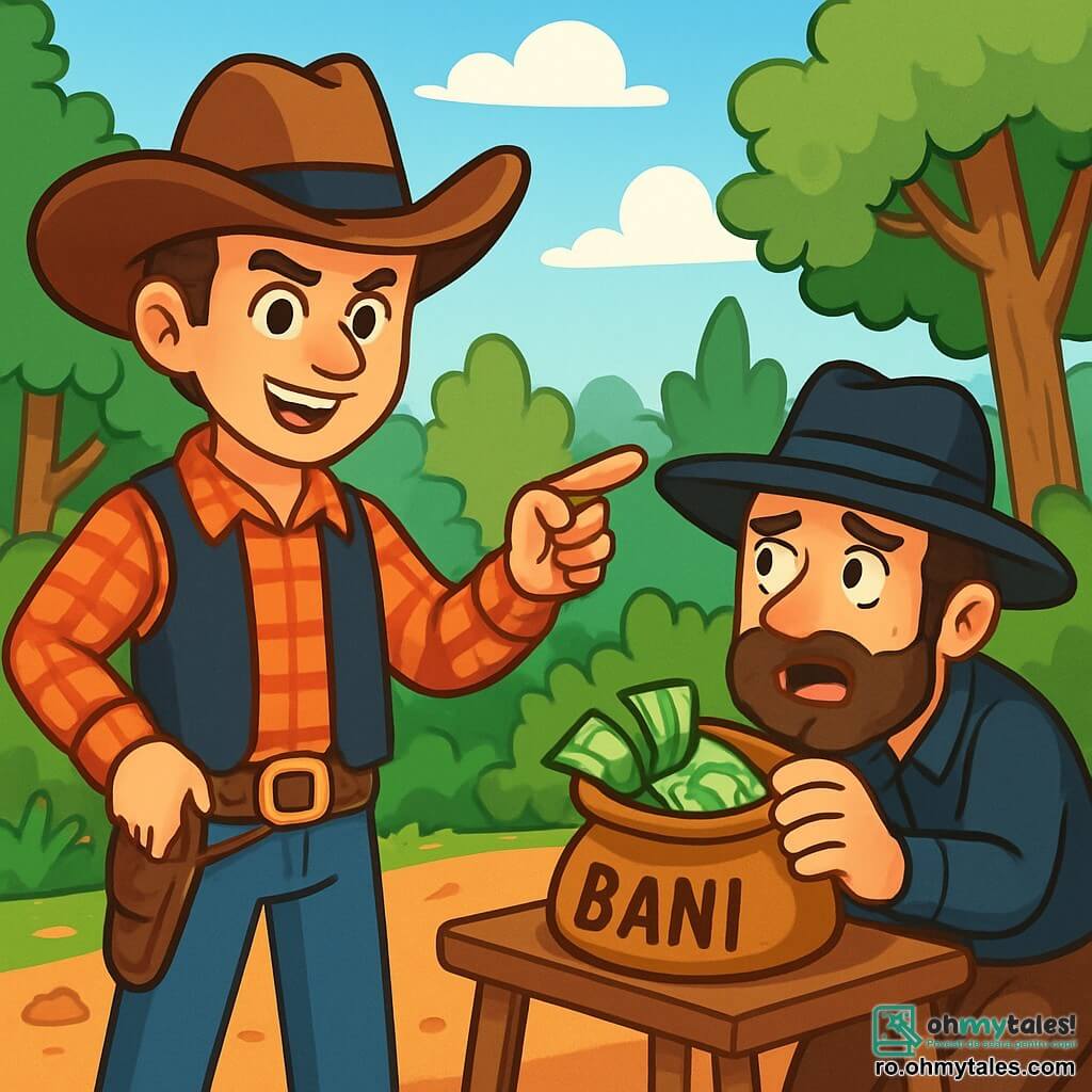 Un cowboy, un bărbat de aproximativ 25 de ani, stă mândru în centrul imaginii. Poartă o pălărie mare de cowboy maro, o cămașă în carouri roșii și o vestă din piele neagră. Fața lui este marcată de o expresie determinată și curajoasă, cu ochi strălucitori și un zâmbet ușor. El își îndreaptă degetul spre un bandit, privindu-l cu încredere. La dreapta lui, un bandit, un bărbat de aproximativ 30 de ani, cu o barbă zbârlită și o pălărie neagră, pare surprins și îngrijorat. El este ghemuit lângă o masă mică din lemn, căutând disperat o geantă plină cu bani. În fundal, o pădure densă cu copaci verzi și arbuști groși înconjoară o poiană însorită. Solul este acoperit cu pământ roșiatic și pietricele mici, în timp ce un cer albastru deschis se întinde deasupra, presărat cu câteva nori albi pufoși. Situația principală arată cowboy-ul confruntând banditul, pregătit să recupereze banii furați, într-o atmosferă de tensiune și aventură.