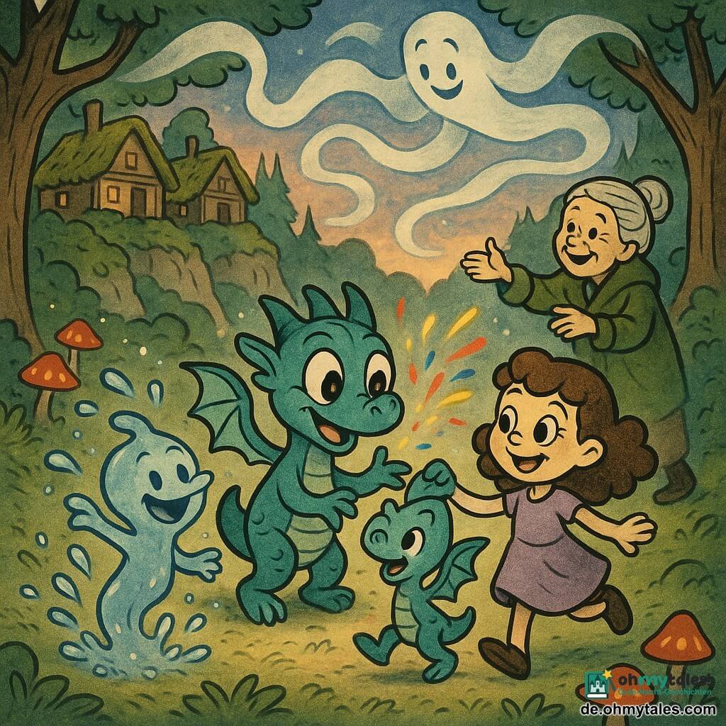 Ein kleiner Drache namens Zim, fröhlich und schüchtern, bläst bunte Funken; irisierende blau-grüne Schuppen, runde glänzende Augen, kleine flexible Flügel, begrüßende Haltung, in der Mitte der Lichtung und wirft rote, gelbe und blaue Glitzersplitter in die Luft. Lila, etwa 9 Jahre alt, lockiges braunes Haar, schlichte lavendelfarbene Kleidung, lachendes Gesicht, funkelnde Augen, tanzt Hand in Hand mit Zim, etwas vor rechts. Tilo, Wassergeist, durchscheinend-silbrig mit blauen Schimmern, zarte Spritzer und winzige springende Fontänen wie Perlen, vor Zim links-mittig. Miri, Nebelgeist, wei ß-graue vaporelle Silhouette mit sanften Augen, schwebt über der Gruppe und formt leuchtende Nebelbänder. Hilda, alte Frau (~70), grauer Dutt, grüner Wollmantel, lächelt und streckt die Hand von einem Rand der Lichtung im Hintergrund aus. Die Lichtung liegt am Rand eines klippenhängenden Dorfes: hölzerne Häuser mit moosbedeckten Dächern, Steinweg, smaragdgrüner Moosteppich, rot-orange Pilzlaternen, die den Boden erhellen, dämmriger Himmel in Pfirsich- und Indigo-Tönen. Hauptszene: großes Versöhnungsfest, fröhliche, leuchtende Atmosphäre, Menschen und Kreaturen tanzen zusammen; bunte Lichter, funkelnde Wassertropfen, kleine Funken und Nebelschwaden bilden einen Freundschaftskreis um die Figuren.