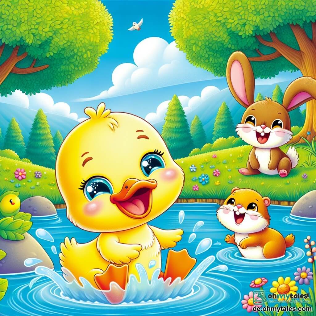 Ein kleiner gelber Entchen namens Max mit einem großen Lächeln und funkelnden Augen taucht in einen Teich ein und spritzt Wasser um sich herum. Neben ihm sitzt eine kleine rote Maus namens Mia mit großen Ohren und einem zappelnden Schwanz auf einem Stein am Wasser und lacht. Ein junger Hase namens Benny mit großen Ohren und braunem Fell springt fröhlich auf dem grünen Gras und ist bereit, am Wettlauf teilzunehmen. Im Hintergrund ist die Landschaft mit großen Bäumen, bunten Blumen und einem klaren blauen Himmel mit flauschigen weißen Wolken gefüllt. Die Szene zeigt Max, der Spaß beim Schwimmen und Spielen hat, während seine Freunde ihn ermutigen, an einem fröhlichen Wettrennen um den See teilzunehmen.