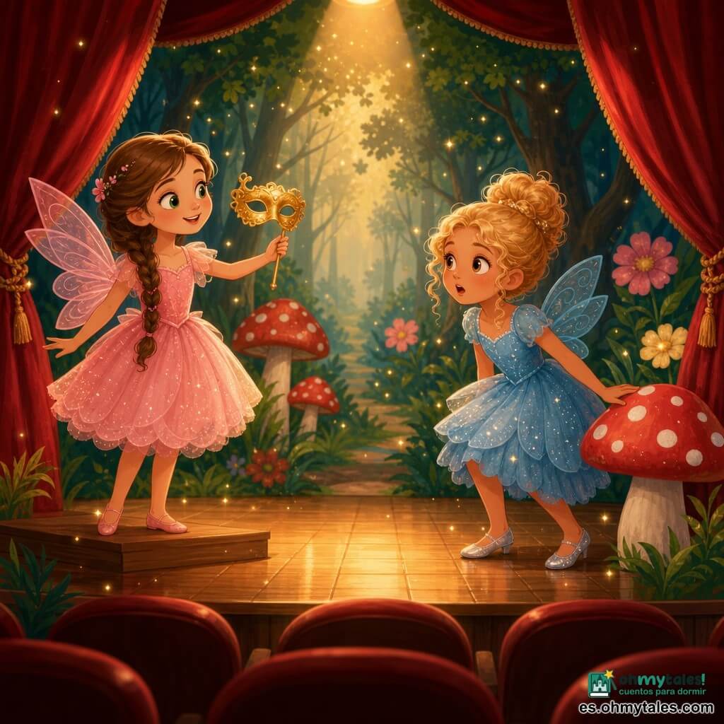 Hay dos niñas de unos 9 años: a la izquierda una de cabello castaño largo trenzado, piel clara y ojos verdes, de pie en un escalón del escenario, sonriente y mirando a la derecha con un pequeño antifaz dorado en la mano; a la derecha una rubia rizada recogida en moño, piel ligeramente bronceada y ojos avellana, ligeramente agachada con la mano sobre un decorado en forma de hongo y expresión de sorpresa. Ambas visten vestidos de hada (rosa con destellos la primera, azul brillante la segunda) y alas translúcidas, en un pequeño teatro de barrio con escenario de madera, telón rojo entreabierto, iluminación cálida y decorado de bosque encantado (árboles verdes, flores grandes y hongos rojos con puntos), asientos de terciopelo rojo difuminados al fondo; la escena muestra su descubrimiento de una sorpresa en el bosque encantado, ambiente alegre y maravillado, gestos expresivos y pequeñas chispas doradas flotando alrededor, colores vivos y composición centrada en las niñas en primer plano.