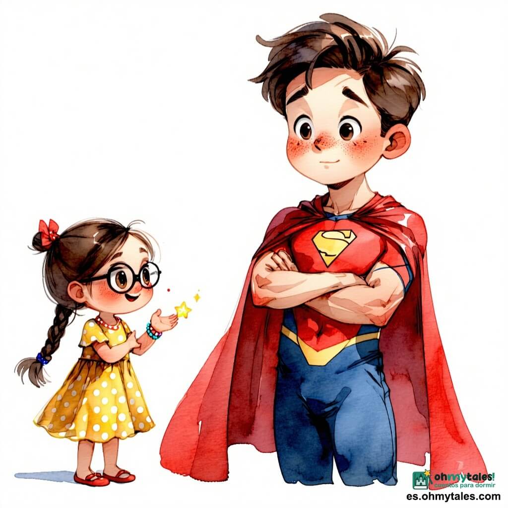 Un niño de 10 años, rostro redondo, cabello castaño alborotado, sonrisa tímida pero confiada, ojos brillantes; tose en su codo derecho, postura de superhéroe, ropa roja con dibujo de capa; una niña (Sofía, ~10 años) de trenzas largas, vestido amarillo de lunares, aplaude alegre a la izquierda del niño y sostiene una pegatina de estrella; un niño (Leo, ~10 años) de pelo rubio corto, gafas redondas, lleva una pulsera colorida en el codo y hace el saludo del “codo protector” a la derecha, junto a una mesa; aula clara y acogedora con gran pizarra verde, ventanas que dejan entrar luz suave, carteles pedagógicos coloridos y un póster que dice «Tose en el codo» ilustrado; situación: los tres amigos convierten toser en un gesto heroico y protector, ambiente solidario y lúdico, colores vivos, trazos a tinta fina y lavados acuarelados, texturas de papel y pequeñas salpicaduras de tinta para dinamizar la imagen.