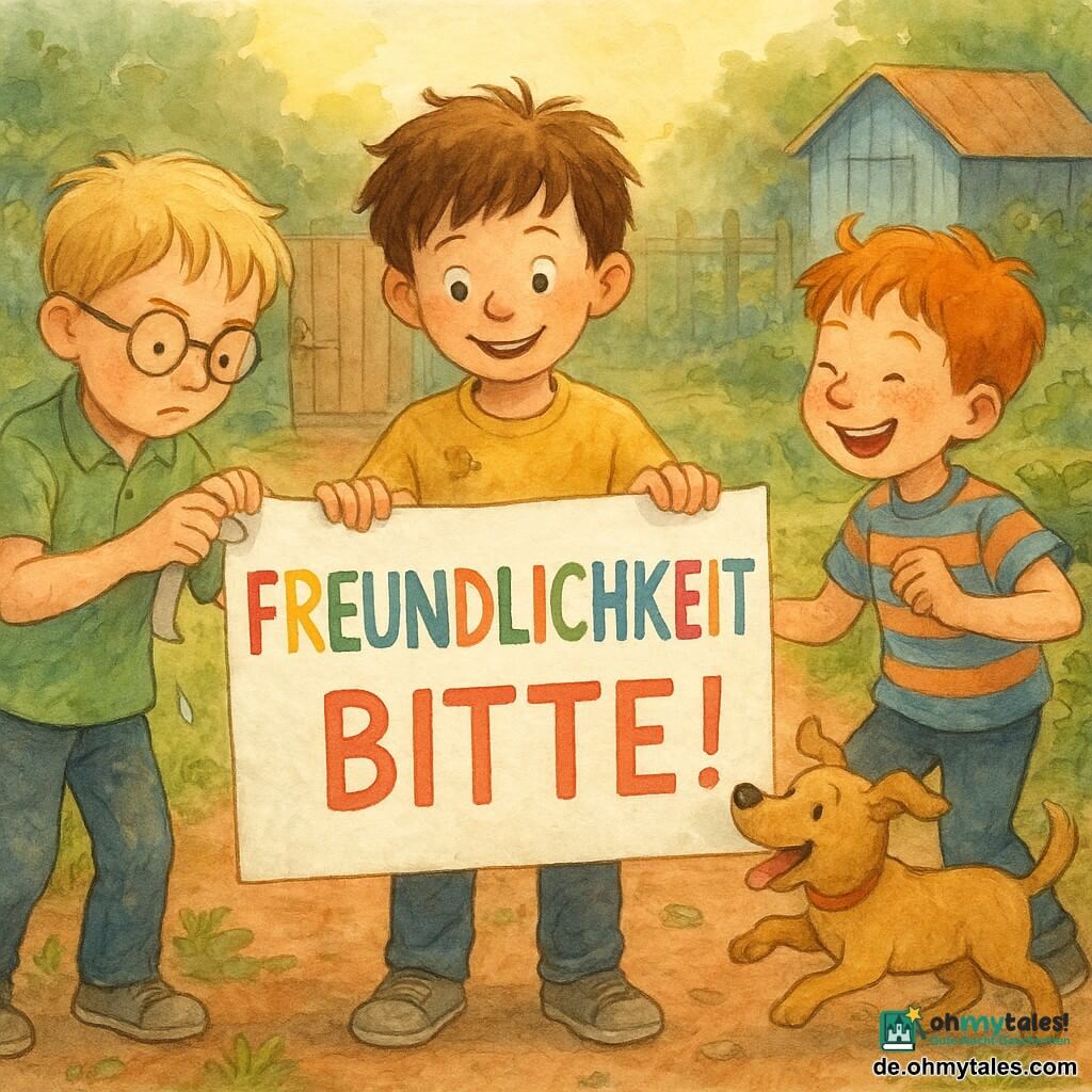 Drei siebenjährige Jungen: Milan (braune zerzauste Haare, gelbes T-Shirt mit Erdschmutz, hält mittig vor dem Tor ein leicht schiefes weißes Schild mit großer bunter Aufschrift „FREUNDLICHKEIT BITTE!“), Ben (blond, runde Brille, grünes Hemd, links von Milan, klebt konzentriert Klebeband an das Schild, nasse Ärmel) und Oskar (rotes Haar, Sommersprossen, blau-orange gestreiftes T-Shirt, rechts von Milan, lenkt fröhlich einen kleinen Hund ab, tanzt und zieht Grimassen); Ort: Gemeinschaftsgarten am späten Nachmittag mit roten Erdwegen, ordentlich angelegten Gemüsebeeten (Kürbisse, Karotten, Minze), leicht abgenutztem Holztor, hellblauer Geräteschuppen, kleinen Kräutern und Steinen, sanftem Licht und langen Schatten; Szene: die Freunde befestigen ihr Plakat am Tor, ein verspielter Hund versucht, daran zu schnüffeln und es zu bewegen — Bewegung, Lächeln und Vertrautheit, glänzende Wassertropfen, leicht im Wind wehendes Papier, deutliche, lustige Gesichtsausdrücke; Stil: helle, sanfte Aquarellmalerei mit leicht unscharfen Konturen, warmer Farbpalette (Gelb, Orange, zartes Grün, blasses Blau), sichtbarer Papiertextur, zarten Schatten, Komposition zentriert auf Schild und Kinder.