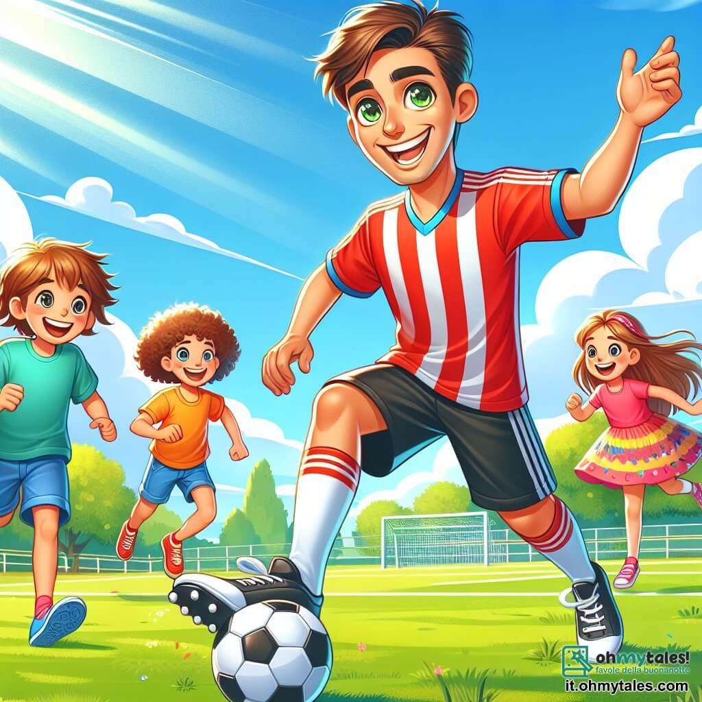 Un uomo, Luca, è al centro dell'immagine, sorridente con occhi brillanti di entusiasmo. Indossa una maglietta di calcio rossa, pantaloni neri e scarpe da ginnastica bianche. I suoi capelli castani sono leggermente scompigliati dal vento e sta dribblando un pallone da calcio su un prato verde.

Alla sua destra, un ragazzo di 10 anni, Marco, con capelli ricci e un grande sorriso, sta correndo con le braccia alzate in segno di gioia. Indossa una maglietta blu e pantaloni gialli. Alla sua sinistra, una ragazza di 9 anni, Sofia, con capelli lunghi e lisci, sta saltando di gioia, vestita con un abito colorato e scarpe rosa.

Il luogo è un parco soleggiato, con alberi verdi sullo sfondo, un cielo azzurro chiaro e nuvole bianche e soffici. Il campo da gioco è circondato dalle risate dei bambini e dall'odore dell'erba appena tagliata.

La situazione principale mostra Luca che gioca con i bambini, insegnando loro tecniche di calcio mentre condivide risate e incoraggiamenti, creando un'atmosfera gioiosa e amichevole.