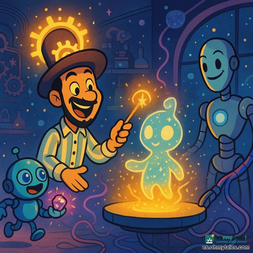 Un hombre llamado Tadeo, entusiasta y sonriente, con un gran sombrero de engranajes luminosos giratorios, ojos brillantes y barba corta, viste una bata a rayas y extiende las manos hacia una plataforma flotante mientras usa una varita luminosa; a su izquierda salta Rupi, un pequeño robot redondo de expresión traviesa y ojos zafiro, cubierto de un tenue polvo de estrellas y ofreciendo una gema brillante; al fondo a la derecha, Alor, un robot alto y esbelto de metal pulido y paneles luminosos, sonríe y envía hilos de energía coloridos con sus largos brazos articulados; en el centro flota sobre la plataforma el Gólem del Alba Estelar, criatura con cuerpo de vidrio translúcido y una "galaxia" de luces en el pecho, ojos como lunas y emergiendo de un resplandor dorado; el laboratorio espacial romántico muestra ventanas panorámicas con cielo estrellado y planetas, paredes con cuadros de engranajes, estantes con frascos humeantes y cables luminosos; la escena captura el momento de la creación, con chispas doradas, hilos de energía violeta y azul que conectan las gemas a la plataforma, burbujas de éter flotantes y una atmósfera cálida y mágica; paleta de colores vivos (azules nocturnos, violetas, dorados y rosas neón), estilo de línea gruesa, formas suaves y exageradas, sombras simples y un acabado alegre e infantil.
