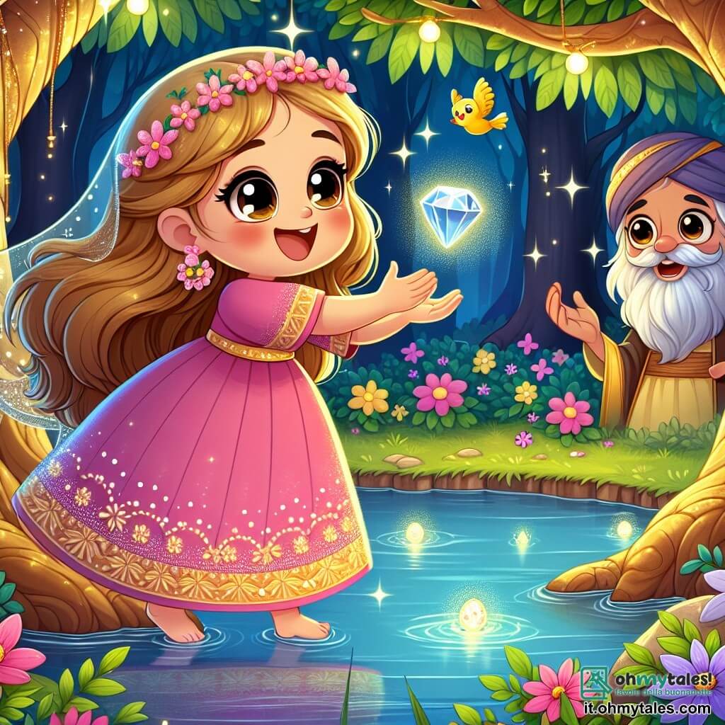 La principessa Sofia, una giovane con lunghi capelli dorati e occhi pieni di curiosità, si trova al bordo di un lago scintillante, con un sorriso incantato sul volto. Indossa un abito rosa decorato con fiori delicati, e le sue mani sono tese verso una gemma brillante che fluttua sopra l'acqua, illuminando il suo viso con una dolce luce. Vicino a lei, un piccolo uccello colorato, con piume blu vivo e un becco giallo, vola gioiosamente attorno a Sofia, cantando una melodia coinvolgente. Il luogo è un boschetto incantato, dove gli alberi maestosi hanno tronchi dorati e foglie scintillanti, creando un'atmosfera magica. Fiori luminosi crescono attorno al lago, e le lucciole danzano nell'aria, aggiungendo un tocco di magia alla scena. Sofia, piena di audacia, si prepara a afferrare la gemma dei sogni, simbolo di coraggio e felicità, mentre il vecchio saggio, un uomo dai capelli argentati e dalla lunga barba, osserva dall'ombra di un albero, con un sorriso benevolo sul volto, pronto a guidare la principessa nella sua ricerca.