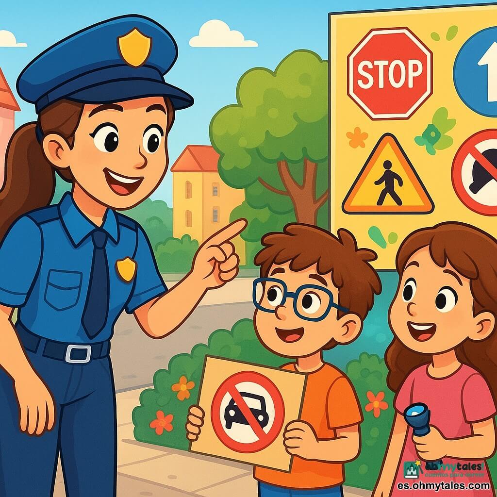 Una joven policía, Lucía, sonriente y llena de energía, lleva un uniforme azul brillante y una gorra a juego. Tiene el cabello castaño recogido en una cola de caballo y ojos que brillan de alegría. Lucía se inclina hacia dos niños, explicando con entusiasmo el significado de una señal de tráfico. Junto a ella, Mateo, un niño de 8 años con el cabello castaño desordenado y gafas, la escucha atentamente, sosteniendo un pequeño cartel de cartón que ha hecho. Sofía, una niña de 7 años con cabello largo y rizado, está cerca de Mateo, con los ojos brillantes de emoción, sosteniendo una pequeña linterna. La escena tiene lugar en una encantadora plaza de la ciudad, rodeada de edificios coloridos, con árboles verdes y flores brillantes. Al fondo, un gran mural colorido muestra diferentes señales de tráfico, decorado por los niños. Lucía explica con pasión las reglas de seguridad vial, mientras los niños la escuchan con asombro y atención, creando una atmósfera alegre y educativa.