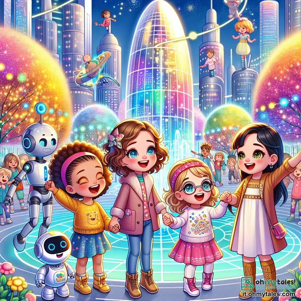 In un parco futuristico della città di Luce brillante, quattro amiche di cinque anni si tengono insieme, raggiante di gioia. Sofia, una bambina dai capelli ricci castani e dagli occhi scintillanti, sorride tenendo la mano di Mia, una bimba dai capelli biondi lisci con una fascia rosa. Luna, con i capelli neri e occhiali rotondi, osserva con curiosità un robot che balla accanto a loro. Ginevra, una bambina dai capelli rossi e trecce, ride indicando un grande edificio argentato che brilla al sole. Il parco è pieno di alberi con foglie scintillanti e fiori multicolori che sembrano danzare al ritmo del vento. Strutture futuristiche a forma di bolla e giochi luminosi si estendono attorno a loro, mentre robot amichevoli interagiscono allegramente con i bambini. Le quattro amiche, meravigliate, scoprono un grande pannello luminoso che annuncia un'avventura magica in arrivo, pronte a esplorare ciò che Luce brillante ha da offrire.