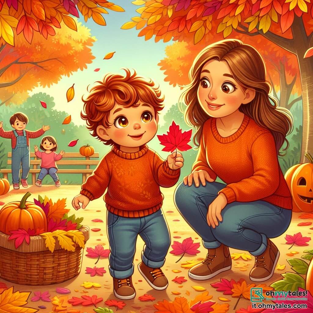 Un bambino di 2 anni, con capelli castani e ricci, e grandi occhi brillanti di curiosità, si trova al centro dell'immagine. Sorride gioiosamente mentre tiene in mano una foglia d'autunno rossa. Accanto a lui, sua madre, una donna di circa 30 anni con capelli lunghi e castani, indossa un maglione arancione e jeans, e lo osserva con tenerezza, pronta ad aiutarlo a raccogliere altre foglie. Il contesto è un parco autunnale, pieno di alberi con foglie dai colori vivaci. Il suolo è coperto di foglie cadute, creando un tappeto colorato. In lontananza si vedono altri bambini che giocano e ridono. La scena principale mostra il bambino meravigliato dalla bellezza delle foglie che cadono, mentre la madre lo incoraggia a esplorare e godere della magia dell'autunno.