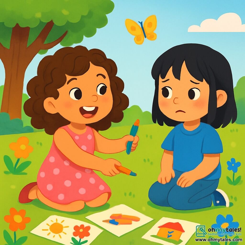 A 6-year-old girl, Mia, with curly brown hair and sparkling eyes, joyfully smiles while holding colored pencils in her hands. She wears a pink polka dot dress and sits on the green grass, surrounded by colorful drawings. Next to her, Lily, a 6-year-old girl with straight black hair, wears a blue t-shirt and slightly worn jeans. She looks timidly at Mia, sitting a bit withdrawn, with a hesitant expression on her face. The setting is a sunny park filled with multicolored flowers, featuring a large tree providing welcoming shade and a clear blue sky. The main scene shows Mia extending a pencil to Lily, offering her a warm smile, while colorful butterflies flutter around them, symbolizing friendship and acceptance.