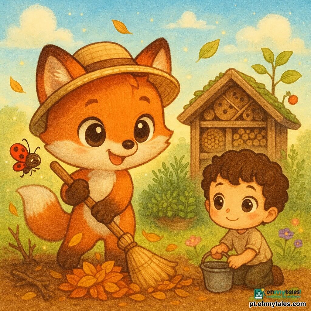 Uma pequena raposa antropomórfica chibi, pelagem ruiva brilhante com tons acobreado, olhos grandes e brilhantes, sorriso curioso; alegre e concentrada, usa um pequeno chapéu de palha e segura uma vassourinha de madeira enquanto varre um monte de folhas. Uma joaninha chibi vermelha com pintas pretas voa perto do cabo da vassoura, expressiva e travessa. Um menino humano chibi de cabelos encaracolados e olhos grandes, roupa simples com manchas de terra, sorriso tímido, ajuda a recolher as folhas com um baldinho ao lado da raposa. Ao fundo, um hotel de insetos rústico de madeira com pequenas aberturas e musgo, junto a um canteiro de ervas aromáticas. Jardim abundante e luminoso: terra úmida, gravetos, flores silvestres coloridas, uma macieira pequena e céu azul claro com nuvens. Tarde de primavera com luz dourada, folhas rodopiando e gotas de orvalho cintilantes; atmosfera acolhedora e de descoberta. Estilo chibi kawaii, cores vivas, texturas suaves, traços nítidos, composição centrada adequada para capa de livro infantil.