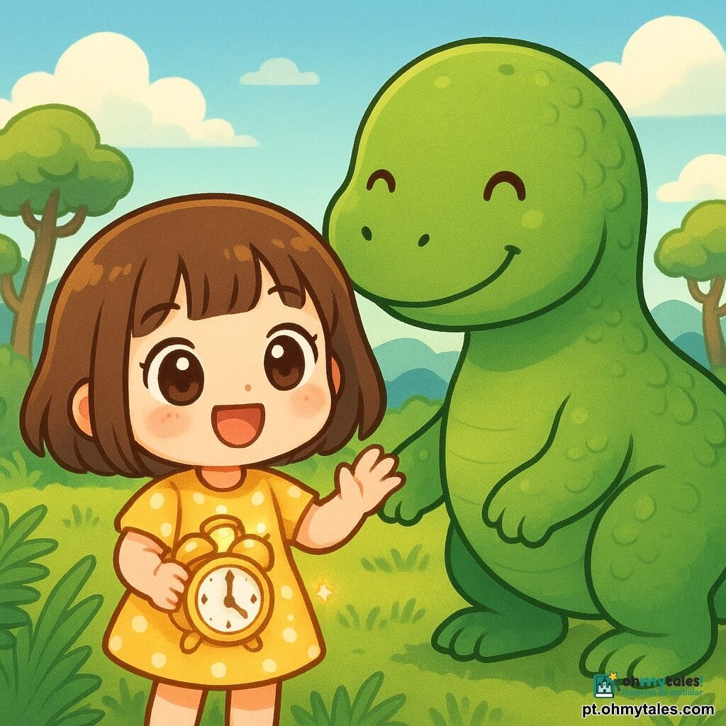 Uma menina de 4 anos, alegre e maravilhada, cabelos castanhos curtos, olhos grandes e bochechas rosadas, veste um vestido amarelo com bolinhas brancas e segura um pequeno despertador dourado que brilha; ao lado dela, um dinossauro verde amigável, grande e arredondado, de pele escamosa, sorri e a inclina com a pata próxima como se a protegesse; ao fundo, uma paisagem pré-histórica clara com gramíneas, samambaias, árvores retorcidas e colinas sob um céu azul com nuvens, criando uma cena calorosa e segura em torno do despertador mágico.