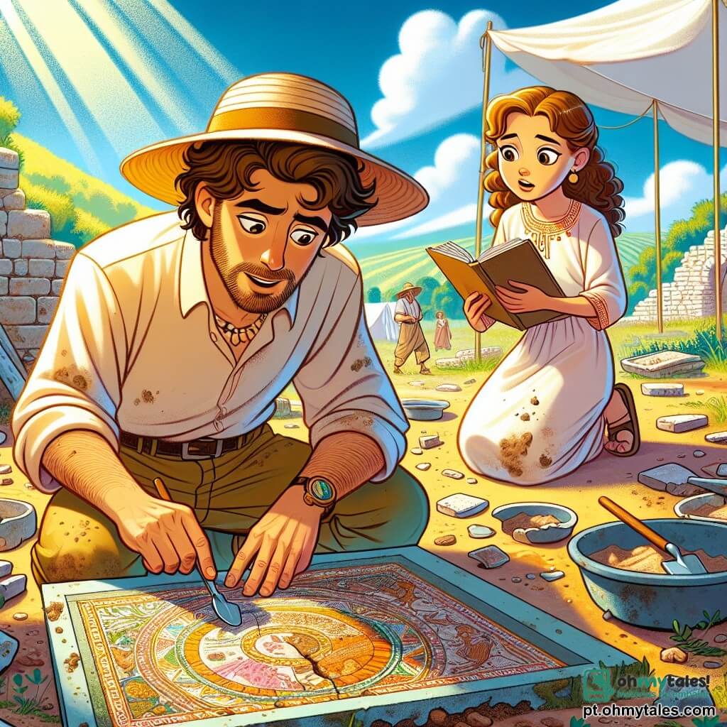 Um arqueólogo, Miguel, com cerca de 35 anos, está no centro da cena, usando um chapéu de palha largo e uma camisa bege ligeiramente suja de terra. Seu rosto expressa excitação e curiosidade, e seus olhos brilham de entusiasmo enquanto examina um fragmento de cerâmica delicado com um pincel. À sua direita, uma jovem de 20 anos, Sofia, com cabelos castanhos e cacheados, observa atentamente, com um caderno na mão, pronta para anotar suas descobertas. O cenário é um sítio arqueológico ensolarado, cercado por colinas verdejantes e antigas pedras romanas parcialmente enterradas no solo. Ferramentas de escavação, como pás e baldes, estão espalhadas ao redor, e uma tenda branca se ergue ao fundo, abrigando objetos preciosos encontrados. A cena principal mostra Miguel e Sofia em plena descoberta, enquanto desenterram uma antiga parede de pedra, revelando segredos do passado, com raios de luz iluminando os fragmentos de mosaico coloridos que emergem da terra.