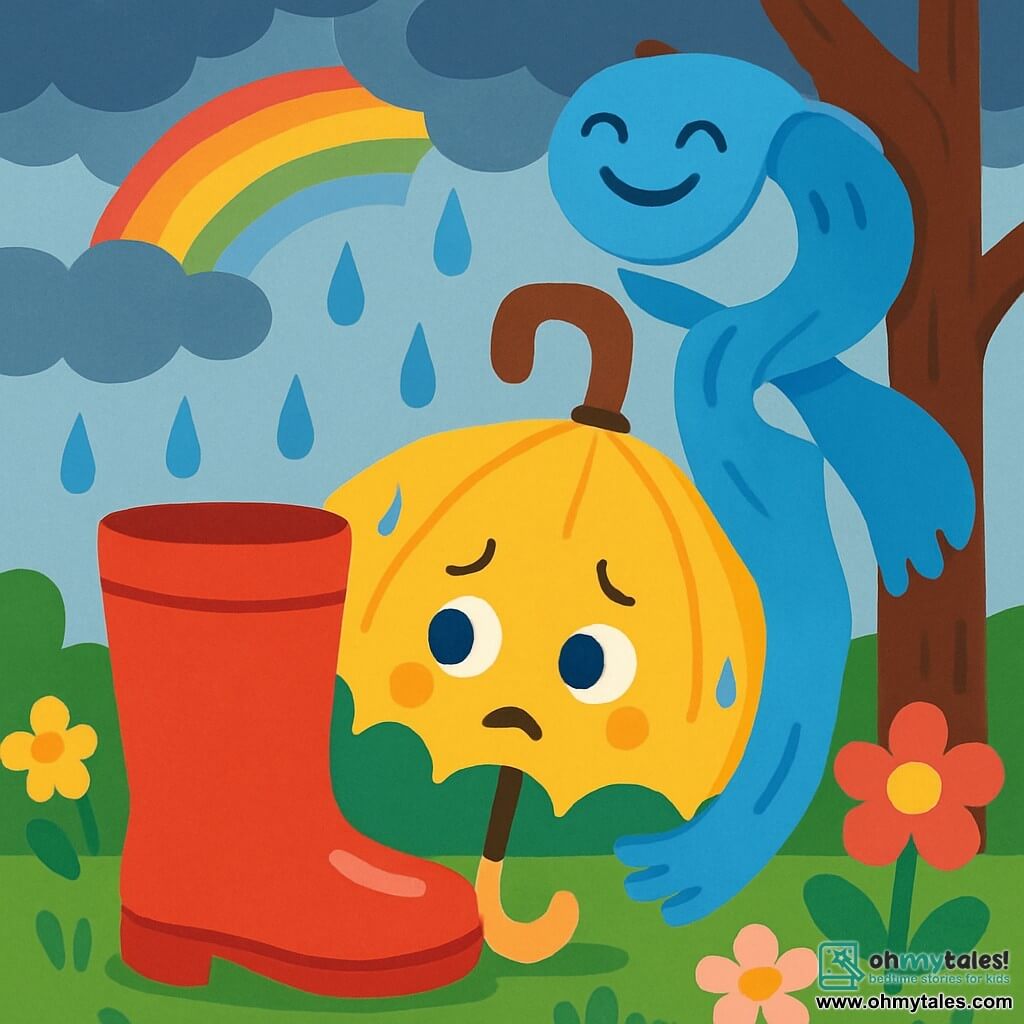 A little yellow umbrella named Sunny, with a smiling but worried face, hides behind a large red rain boot. Its edges are slightly trembling, and it timidly watches the falling rain. Next to it, a blue scarf named Breezy, soft and warm, wraps around one side. Breezy has a comforting smile and appears cheerful, coiled around a tree branch, ready to support Sunny. The scene takes place in a colorful garden, with bright flowers and sparkling raindrops on the petals. The sky is dark with gray clouds, but a few rays of sunshine break through, promising a rainbow. Sunny, the umbrella, looks at the rain with a mix of fear and curiosity, while Breezy, the scarf, whispers comforting words, their friendship lighting up this stormy moment.