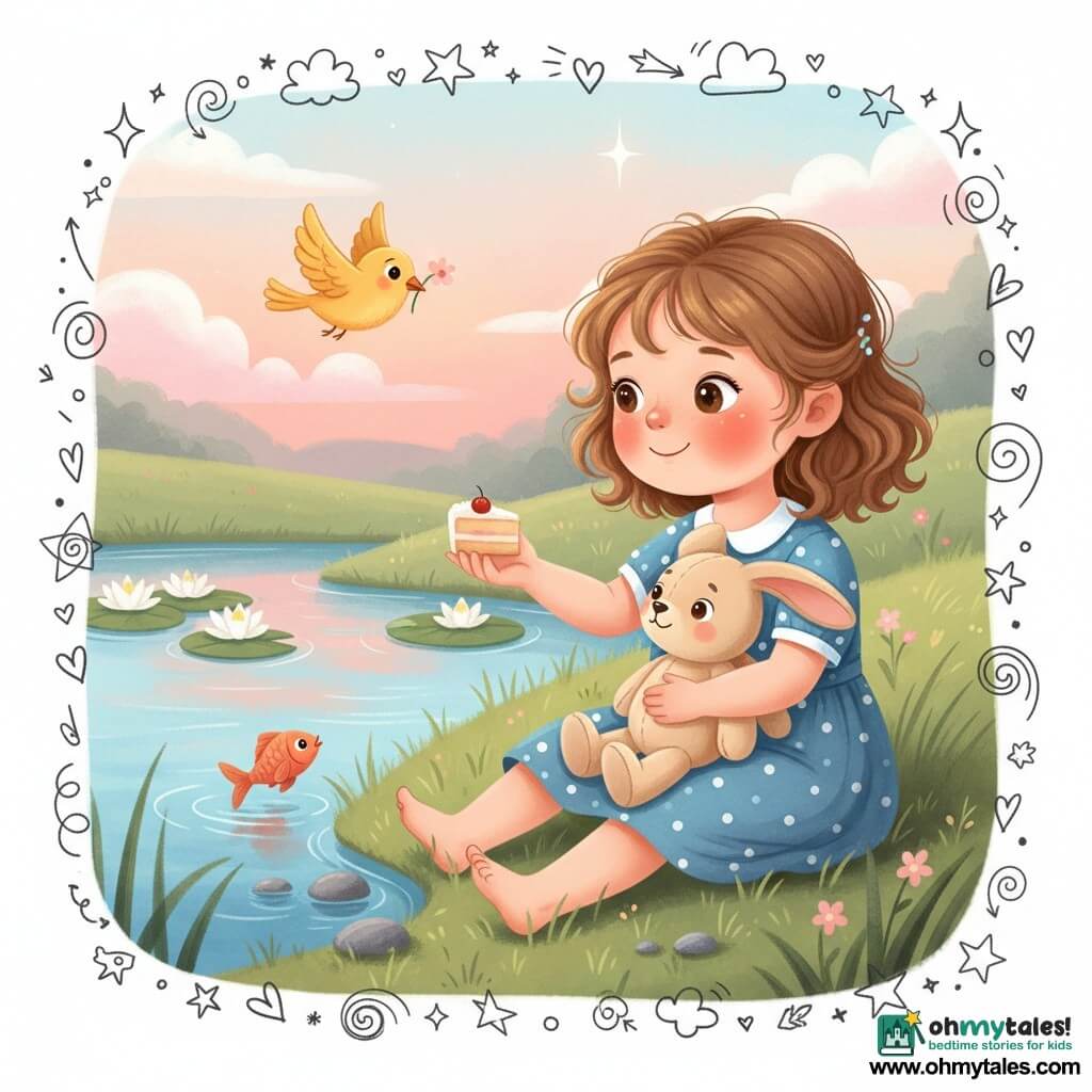 A smiling, wide-eyed 2-year-old girl with light curly brown hair sits in the grass by a dusk pond in a blue-and-white polka-dot dress, offering a small piece of cake to a beige plush rabbit she holds, while a beige stuffed rabbit beside her seems to receive it, an orange fish flicks its fin at the pond's edge, a yellow bird brings a small flower, white lily pads and round pebbles dot the foreground, and a pastel sky with a first twinkling star reflects rosy and blue tones on the water.