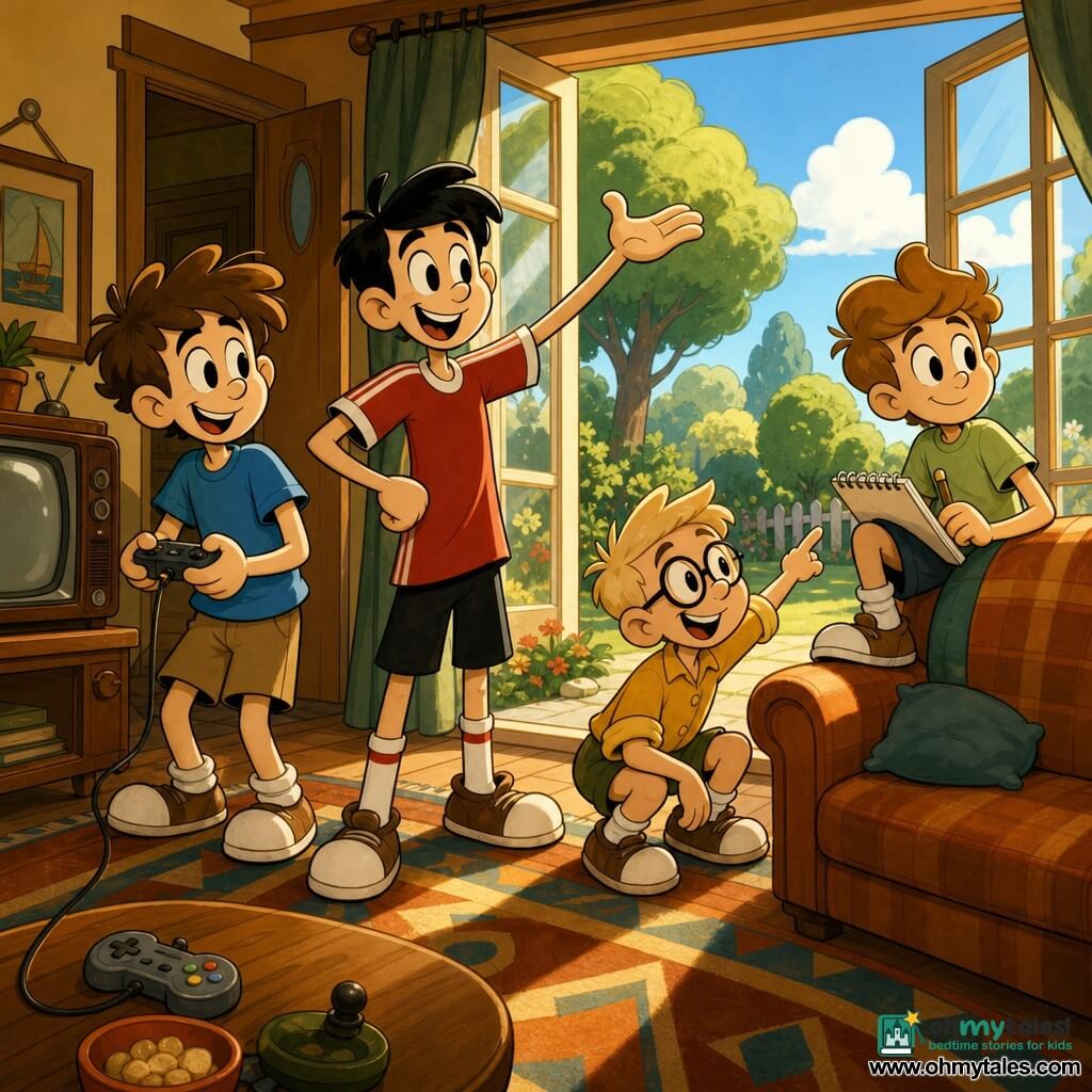 Four 9-year-old boys in a bright living room opening onto a garden: Ben—messy brown hair, bright blue T-shirt and khaki shorts—holds a game controller near the living room door, glancing between the turned-off screen and the window; Max—tall, short black hair, red soccer jersey—stands center smiling with a raised hand as if suggesting going out; Leo—blond crew cut, round glasses, mustard-yellow shirt—crouches by the right sofa pointing toward the garden; Sam—soft features, light brown hair, light green T-shirt—sits on the sofa arm holding a small sketchbook, looking at the window. Vintage sofa, geometric rug, old TV on a wooden stand, open window revealing green lawn, round-leaf trees and blue sky. The boys decide to turn off the console and play outside; the controller sits on the table, warm sunlight floods in, they exchange conspiratorial smiles before heading out in a dynamic, saturated, retro cartoon style with soft shadows and rounded, exaggerated gestures.
