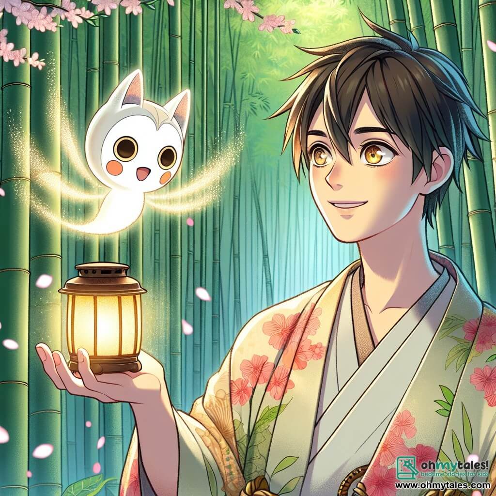 In the foreground, a man named Hiroshi, in his thirties, stands with a warm smile on his face. He has short black hair, sparkling curious eyes, and wears a traditional kimono with floral patterns. He holds an enchanted lantern that emits a soft golden light, illuminating his face with a magical glow. Beside him, a kodama, a small forest spirit, appears as a delicate creature with bright eyes and translucent skin. It floats slightly above the ground, surrounded by an ethereal aura, and seems to whisper secrets to Hiroshi. The setting is a lush Japanese forest, with tall bamboo swaying gently in the wind, creating a natural tunnel. Cherry blossoms fall like snowflakes, adding touches of pink to the vibrant green leaves. The main scene shows Hiroshi, in awe, listening to the kodama as it reveals the mysteries of the forest, while the lantern lights the path ahead, promising a magical adventure to come.