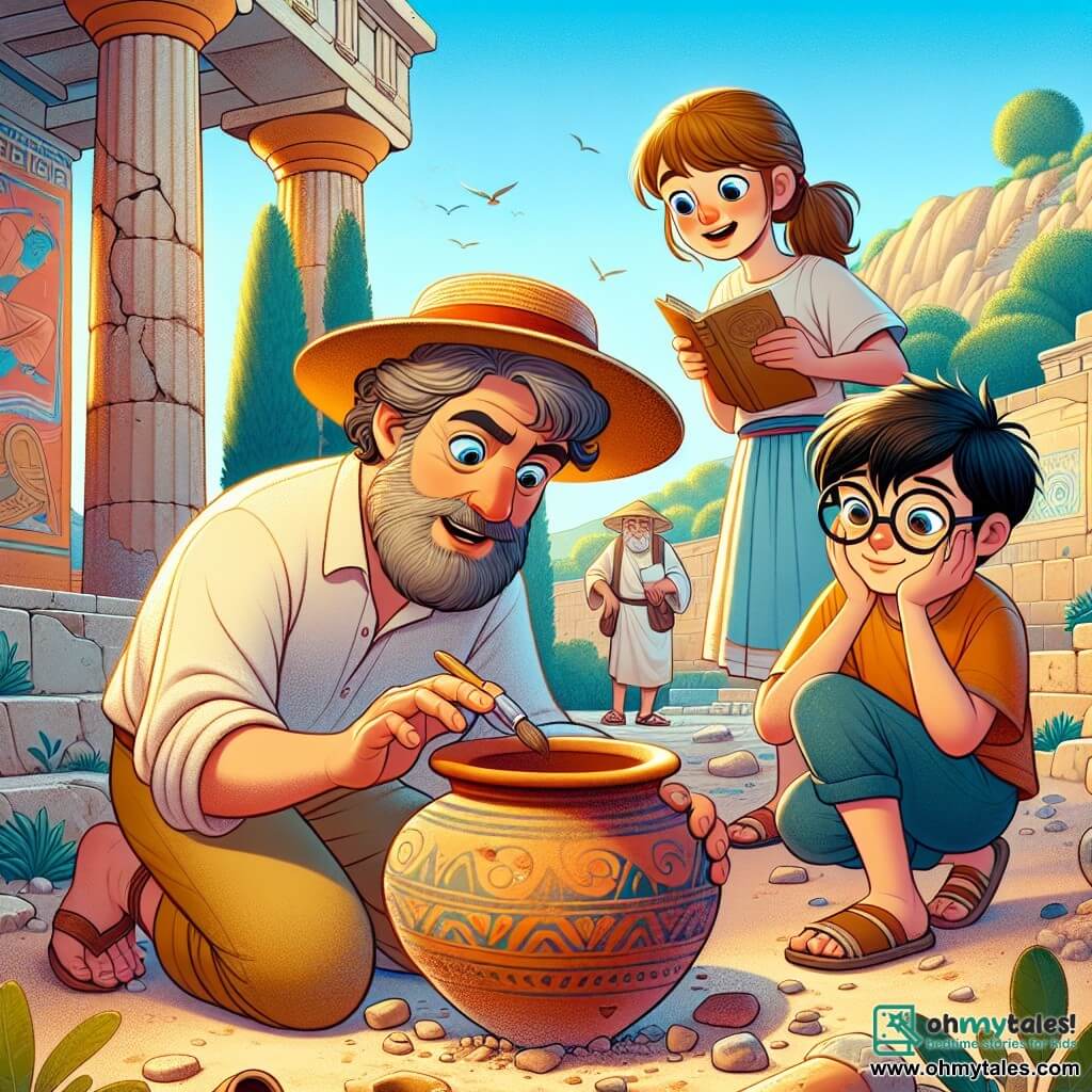 A man, Dr. Thomas Carter, is kneeling on the ground, wearing a wide straw hat and a dusty beige shirt. His face shows intense excitement, with curious eyes as he uncovers an ancient clay pot. Next to him is a young girl, Sofia, about 12 years old, with brown hair in a ponytail, observing the pot with a delighted smile while holding a small notebook. A boy, Nikos, 11 years old, with black hair and round glasses, stands slightly back, holding a map and taking notes with a focused expression. The setting is an ancient Minoan ruin, featuring weathered stone walls, marble columns, and remnants of colorful frescoes depicting maritime scenes. Green plants and olive trees line the site, under a bright blue sky illuminated by the sun. The main scene shows Dr. Carter gently brushing dirt around the pot, while Sofia and Nikos watch in fascination, sharing a moment of discovery and wonder at the treasures of the past.