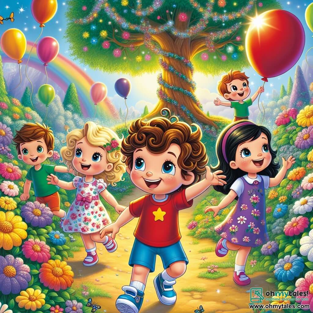 In an enchanted garden, a little boy named Timmy (about 6 years old, with curly brown hair, wearing a red t-shirt and blue shorts) stands in the center, smiling with excitement. To his left, Lucy (a 5-year-old girl with blonde pigtails and a pink floral dress) raises her arms in the air, full of enthusiasm. On the right, Benny (a 7-year-old boy with glasses and brown hair, wearing a green t-shirt) is reaching for a large red balloon floating above him. Finally, Sarah (a 6-year-old girl with black hair in a purple dress) leans down to pick up sparkling flowers, her eyes shining with joy. The garden is filled with colorful flowers in shades of blue, yellow, and pink, with butterflies flying around. In the background, a majestic tree stands with its branches laden with multicolored balloons. The scene shows Timmy and his friends preparing a surprise for Mother's Day, surrounded by magical flowers and laughter, with a large colorful cake decorated with sparkling flowers placed on a wooden table.