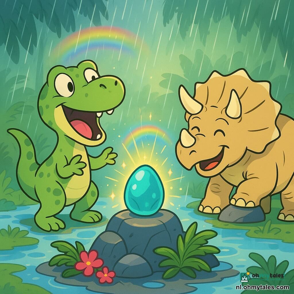 Een glimlachende jonge Tyrannosaurus rex met lichtgroene vlekken staat op zijn achterpoten met de staart in balans en zingt blij naar een grote glanzende turkooizen magische steen; naast hem staat een robuuste triceratops genaamd Rex met crème pantser en beige hoorns, eerst fronsend maar nu bewonderend, de poot op een rots, terwijl de steen zacht gloeide en lichte ringen en gouden vonkjes uitstraalde, op een klein mysterieus eiland met nat glimmend gesteente, lichtblauwe waterplassen, groene varens, roze bloemen en een lichte nevel die opscheert, en het moment waarop door de steen regen begint te vallen, lichtstralen door de mist schijnen en een kleine regenboog boven de steen verschijnt.