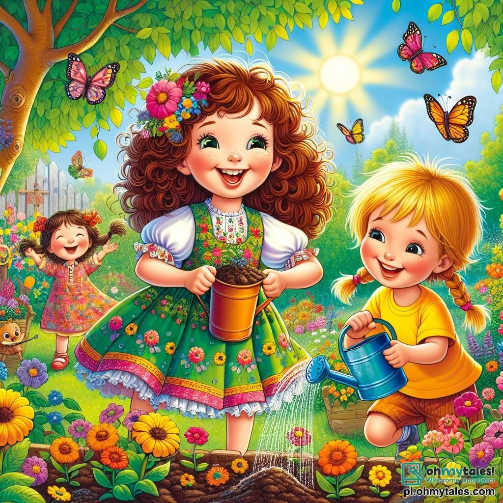Osiemletnia dziewczynka, Maja, z brązowymi, kręconymi włosami, ma na sobie kolorową sukienkę w kwiaty. Radośnie się uśmiecha, jej oczy błyszczą z ekscytacji, gdy sadzi nasiona w ogrodzie. Obok niej jest jej najlepsza przyjaciółka, Kasia, również ośmioletnia, z warkoczami blond włosów i żółtą koszulką. Trzyma konewkę i z szerokim uśmiechem patrzy na Maję, gotowa jej pomóc. Nieco dalej Tomek, siedmioletni chłopiec z rozczochranymi brązowymi włosami, obserwuje dziewczynki trzymając małe wiaderko z ziemią, nie mogąc się doczekać, aby dołączyć do sadzenia. Ogród jest magicznym miejscem, pełnym kolorowych kwiatów kwitnących w promieniach słońca. Motyle tańczą w powietrzu, a ptaki radośnie śpiewają w zielonych drzewach. Główna scena przedstawia Maję i jej przyjaciół, którzy razem sadzą kwiaty, dzieląc się śmiechem i radością, odkrywając magię wiosny.
