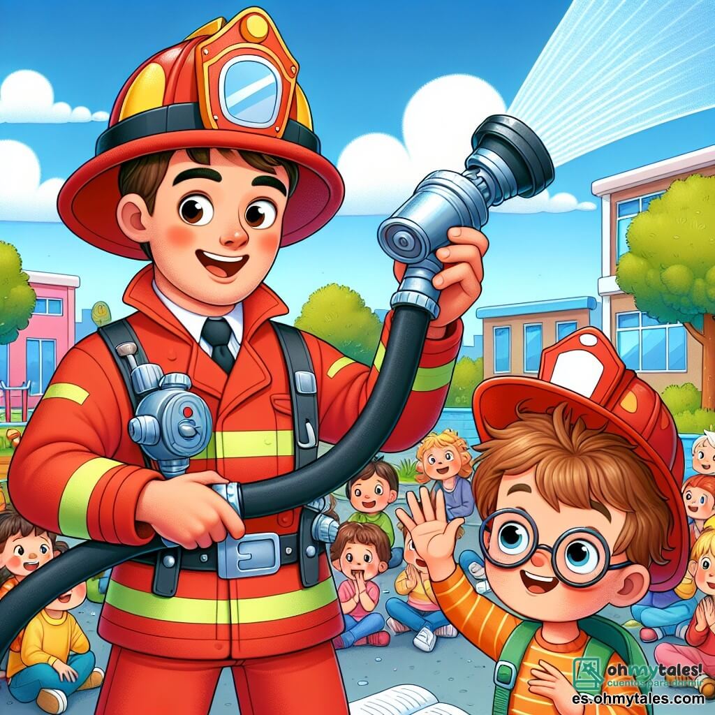 Un bombero llamado Carlos está en el centro de la imagen. Sonríe ampliamente, lleva un uniforme rojo brillante con un casco reluciente y sostiene una manguera grande en sus manos. Sus ojos brillan de entusiasmo y determinación mientras le enseña a los niños cómo usar la manguera. A su lado, Juanito, un niño de 8 años con cabello castaño desordenado y gafas redondas, lleva un casco de bombero demasiado grande para él. Sonríe con asombro, mirando a Carlos con admiración. En el fondo, un grupo de niños de entre 7 y 9 años observa atentamente, algunos aplauden y otros toman notas en pequeños cuadernos. La escena ocurre en el patio de una escuela, rodeado de muros coloridos y juegos infantiles, con árboles verdes y un cielo azul claro que añaden a la alegría del ambiente. Carlos demuestra cómo apagar un fuego imaginario con la manguera, mientras los niños lo escuchan cautivados por su carisma y energía.