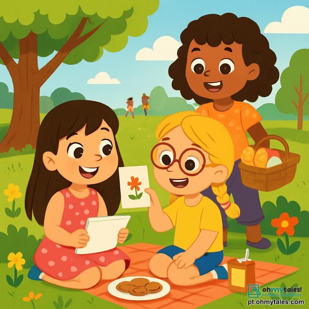 Há 3 personagens: - Sofia: uma menina de 7 anos, com longos cabelos castanhos e olhos brilhantes. Ela usa um vestido rosa com bolinhas brancas e segura um caderno de desenho nas mãos. Está sentada na grama, cercada por suas amigas. - Lúcia: uma menina de 7 anos, com cabelos loiros trançados e óculos redondos. Ela veste uma camiseta amarela e um short de jeans. Está ao lado de Sofia, mostrando um desenho que fez. - Clara: uma menina de 7 anos, com cabelos cacheados e uma franja pequena. Ela usa uma blusa de flores e uma calça roxa. Está em pé atrás de Sofia e Lúcia, sorrindo e segurando uma cesta de piquenique cheia de biscoitos e suco. O cenário é um parque verdejante, com árvores majestosas e folhas brilhantes. Há um grande gramado onde as crianças brincam, flores coloridas ao redor e um céu azul claro com algumas nuvens brancas. A cena mostra as três amigas sentadas na grama, compartilhando um piquenique alegre, rindo e contando histórias, enquanto o sol brilha em seus rostos sorridentes, criando uma atmosfera calorosa e amigável.