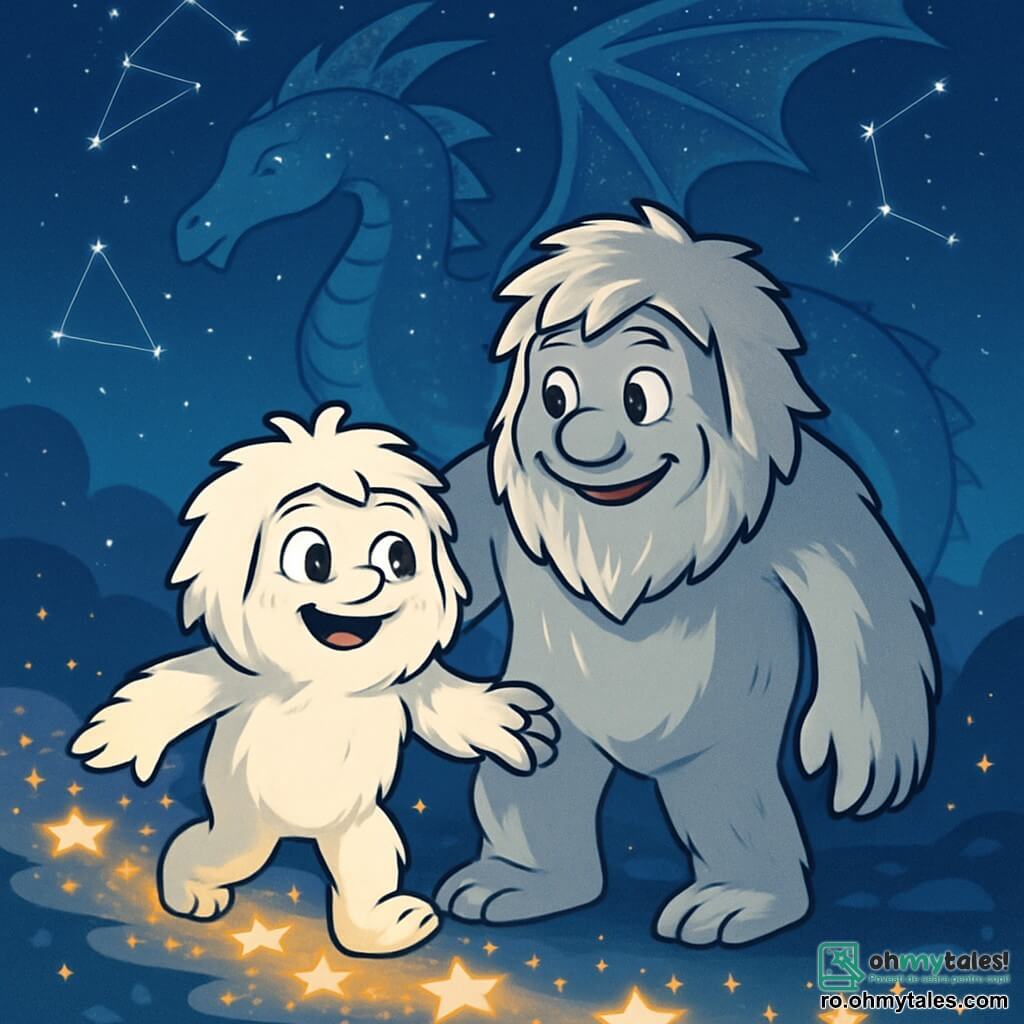 Un tânăr yeti pe nume Tika, cu blană albă și pufoasă, ochi strălucitori de curiozitate și un zâmbet uimit, merge cu prudență pe un drum de stele scintilante. Lângă el, un yeti mai mare pe nume Raku, cu blană argintie și ochi călduroși, îl observă cu un zâmbet încurajator, pregătit să-l ajute în această aventură. Fundalul este un cer nocturn magic, plin de un ocean de stele luminoase, unde constelațiile strălucesc ca diamante pe un fundal albastru profund. În fundal, se profilează silueta majestuoasă a unui dragon antic, cu solzi strălucitori și aripi desfăcute, creând o atmosferă de mister și uimire. Tika și Raku, uniți în căutarea lor, se află față în față cu această creatură majestuoasă, pregătiți să folosească puterea lor pentru a aduce pace și lumină în acest univers fermecat.