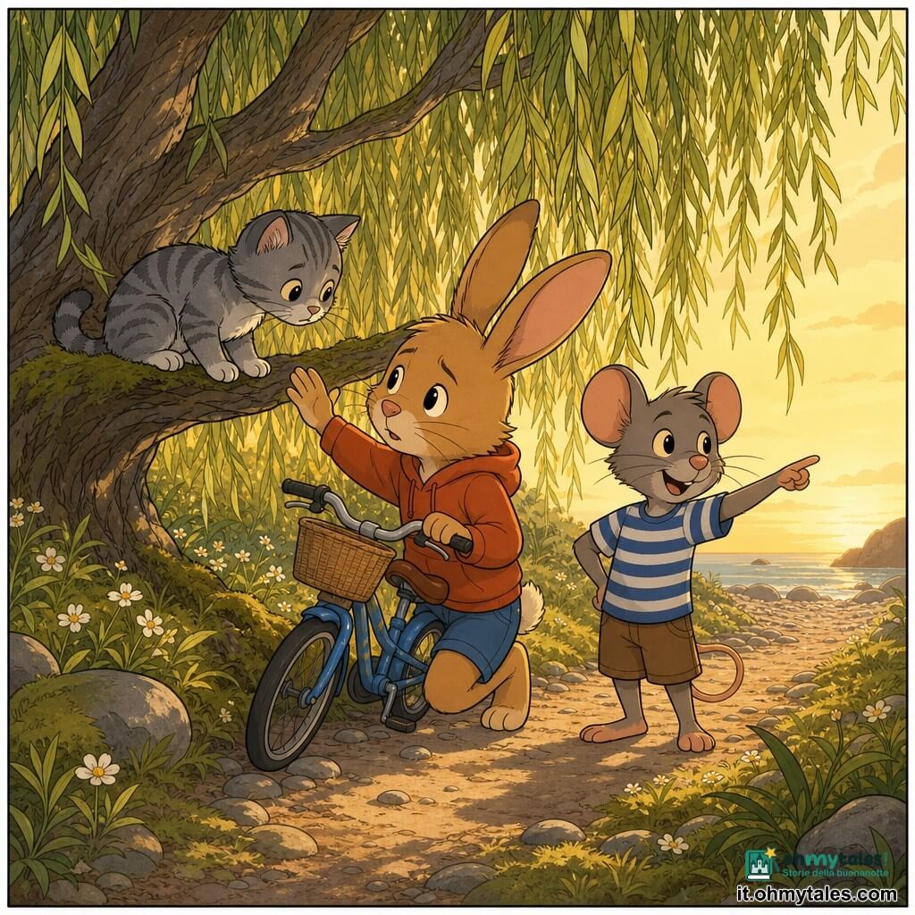 Beni, un giovane coniglio antropomorfo dal pelo nocciola, orecchie lunghe e occhi rotondi, dall'espressione coraggiosa ma timida, è accovacciato vicino a una piccola bici blu con cestino; Milo, un amico topo umanoide in maglietta a righe, sta in piedi sorridendo e indica il percorso per aiutare; il gattino Lino, grigio tigrato con grandi occhi preoccupati, è su un ramo basso di un salice mentre Beni gli tende la mano per rassicurarlo; il sentiero è ombreggiato da salici dalle foglie pendenti, con muschio, piccole fioriture bianche, alcune pietre lisce e una spiaggia di ciottoli in lontananza; scena calda e estiva di aiuto reciproco con luce dorata serale e bicicletta inclinata.