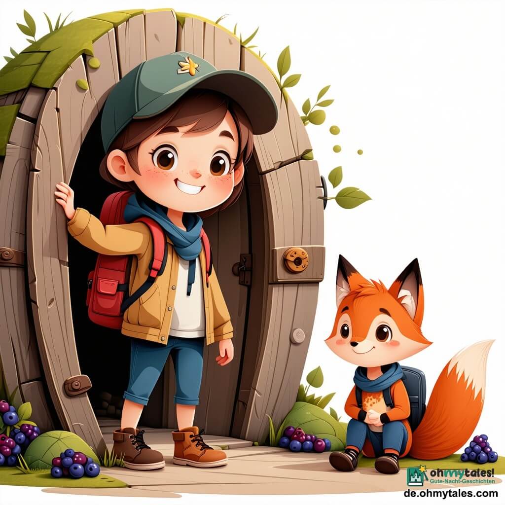 Lina, ein fröhlich lächelndes Entdeckermädchen mit funkelnden Augen, trägt eine schief sitzende Kappe, eine khakifarbene Jacke, einen kleinen roten Rucksack und hält mit einer Hand die moosbedeckte Holztür auf; Paul, etwa 7 Jahre alt, mit runden Wangen und Brombeerspuren an den Fingern, steht rechts hinter ihr und schaut erstaunt in die Hütte, einen improvisierten Schal als Verband haltend; links von der Tür sitzt ein ruhiger, verletzter roter Fuchs mit in Tuch gewickelter Pfote und blickt zu Lina; die Tür öffnet sich zu einer kleinen, rundlichen Hütte mit Moosdach, umgeben von bunten Blumen (Lavendel, Minze, Gänseblümchen) und aufgehängten Bunds getrockneter Kräuter, in einer sonnigen, grasbewachsenen Lichtung mit einem rechts sichtbaren alten Baumstumpf mit eingravierter Spirale und einem halb versteckten grauen Felsen; Szene: die Kinder entdecken eine geheime Hütte voller bunter Gläser, mit einem großen Holzmörser vor dem Fenster und duftenden Pflanzen, durch feine, farbige Schwaden nach außen angedeutet; helle, sanfte Farbpalette, einfache Formen, klare Konturen, gute Lesbarkeit und warme, wohlwollende Atmosphäre.