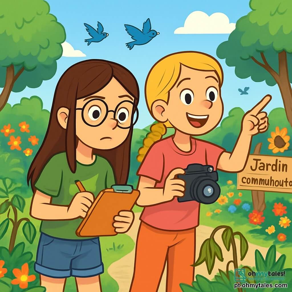 Há 2 personagens principais: - Ana: uma menina de 11 anos, com longos cabelos castanhos e óculos redondos. Ela usa uma camiseta verde com um padrão de folha e um short de jeans. Ana está em pé, segurando um bloco de notas e um lápis, olhando atentamente ao seu redor. - Sofia: uma menina de 11 anos, com cabelos loiros trançados e um sorriso radiante. Ela usa uma camiseta rosa e uma calça leve. Sofia está ao lado de Ana, segurando uma câmera e apontando para um canto do jardim. O cenário principal é um vibrante jardim comunitário, cheio de flores coloridas, árvores frondosas e pequenos caminhos de cascalho. Ao fundo, há um grande painel de madeira indicando "Jardim da Comunidade". O céu é azul com algumas nuvens brancas, e pássaros voam alegremente acima das árvores. A situação principal da história mostra Ana e Sofia investigando o jardim. Elas observam atentamente as plantas que parecem murchas e discutem as pistas que encontraram. As expressões em seus rostos mostram determinação e curiosidade, enquanto uma leve brisa faz as folhas ao redor se moverem.