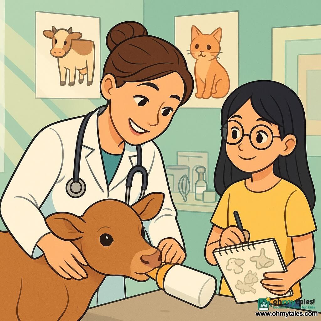 A veterinarian in her thirties with brown hair in a bun wears a bright white coat and a stethoscope around her neck. She has a warm smile and sparkling empathetic eyes as she gently leans towards a small calf named Juniper, who has light brown fur and curious eyes. Next to her, an 11-year-old girl named Noor, with black hair and round glasses, watches with fascination while holding a notebook filled with animal sketches. The scene takes place in a bright veterinary clinic with pastel green walls adorned with animal posters. Sunlight filters through the windows, illuminating the neatly arranged veterinary instruments on a table. The veterinarian examines the calf, which is determinedly drinking from a bottle, while Noor takes notes with a focused and joyful expression. The main situation highlights the tender bond between the animal and the veterinarian, symbolizing compassion and care in the animal world.