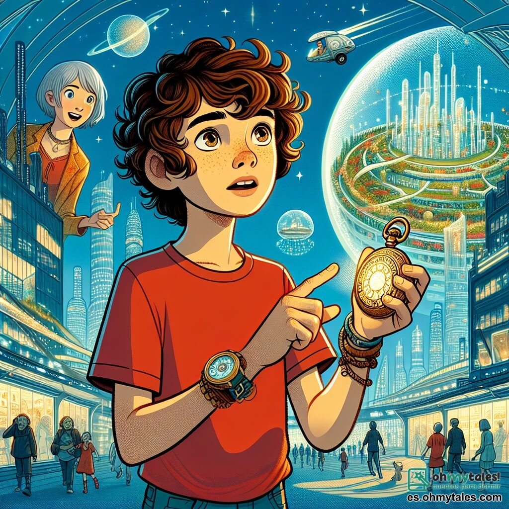 Un chico de 11 años, llamado Jaime, está en el centro de la imagen, con cabello castaño desordenado y ojos brillantes de curiosidad. Lleva una camiseta roja y un pantalón corto azul, sosteniendo un antiguo y misterioso reloj de bolsillo dorado en sus manos, con una expresión de asombro y determinación. A su lado, una niña de 10 años, Lexi, tiene el cabello corto y plateado, vestida con un vestido futurista de colores vivos. Ella sonríe alegremente, señalando un edificio brillante al fondo, como si guiara a Jaime en este nuevo mundo. El escenario es una ciudad futurista, con rascacielos de vidrio brillante, vehículos flotantes en un cielo azul claro y jardines colgantes en las fachadas de los edificios. Las calles son animadas, con personas y robots interactuando armoniosamente, creando una atmósfera vibrante y llena de vida. La situación principal muestra a Jaime y Lexi explorando juntos esta increíble ciudad, maravillados por las tecnologías avanzadas y las innovaciones ecológicas que los rodean, mientras descubren cómo las decisiones del pasado han dado forma a este futuro brillante.