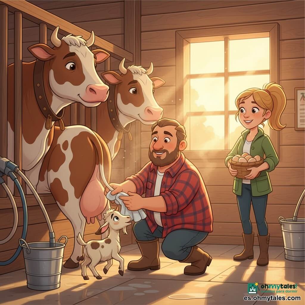 Un hombre adulto llamado Javier, sonriente y sereno, rostro redondo con barba corta castaña, camisa a cuadros roja y azul y botas de goma, agachado limpiando la ubre de una vaca con un paño blanco; a su derecha, detrás, Martina, mujer adulta y alegre con coleta rubia, chaqueta verde y algunos lunares en el rostro, sostiene una cesta de huevos lista para ayudar; una cabrita llamada Niebla, pelo crema moteado y ojos vivaces, salta junto a las botas de Javier; dos grandes vacas tranquilas, pelaje marrón y blanco, de pie en establos de madera con collares de cuero y ligera vaporación bajo la luz cálida; sala de ordeño de madera clara con ventana que deja entrar luz dorada de la mañana, suelo limpio y algo húmedo, cubos metálicos y tubos de aspiración; escena centrada en un momento apacible y cuidadoso de la ordeña, gestos suaves y texturas de madera, tela y pelaje.
