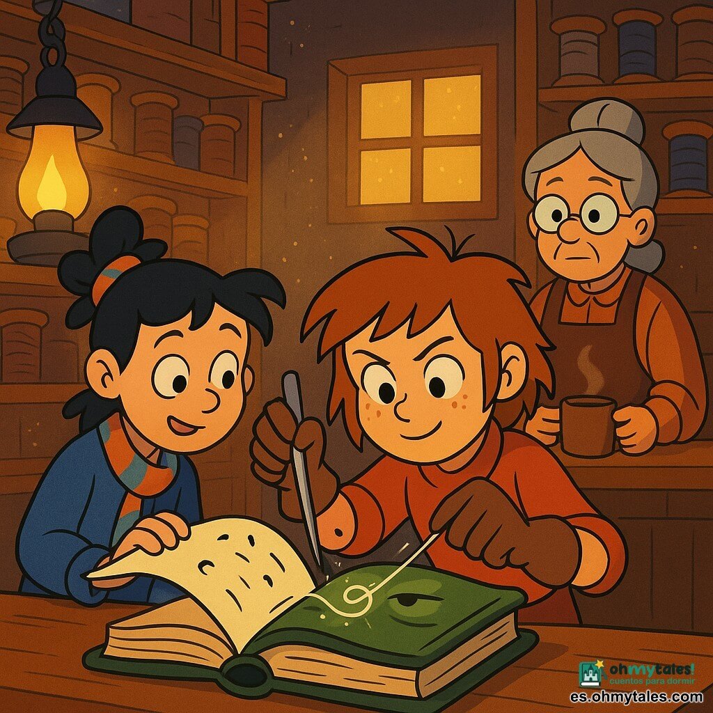 Lía, aprendiz de bruja de unos 13 años, rostro redondo con pecas y cabello castaño corto despeinado, con guantes marrones, cose con una gran aguja plateada la encuadernación de un gran libro verde abierto sobre una mesa de madera; Inés, otra aprendiz de la misma edad, con el pelo negro en un moño torpe y una bufanda multicolor, sostiene las páginas abiertas a la izquierda, inclinando la cabeza hacia Lía; la señora Dalia, mujer de unos 60 años con pelo gris recogido, gafas redondas y delantal de cuero, está sentada al fondo observando y posando una taza de chocolate caliente; el taller es estrecho y acogedor, con estanterías de madera, bobinas de cuero e hilos, ventana empañada y lámparas de aceite que proyectan un halo amarillento; la escena muestra la costura de un puente mágico: el hilo plateado brilla, una página blanca flota como una puerta ondulante, letras negras y hilos oscuros se transforman en una cuerda clara, creando una atmósfera de tensión apacible y maravilla.