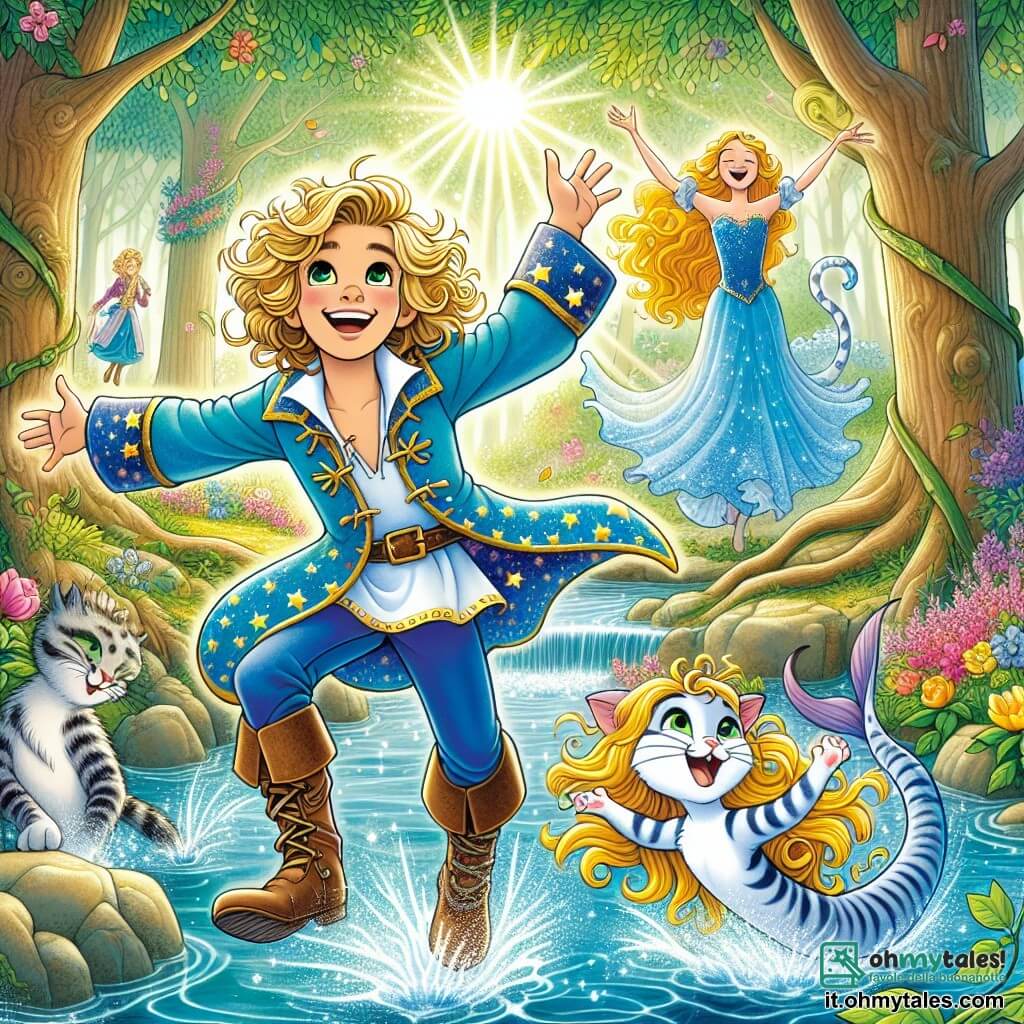Un principe coraggioso, Leo, di circa 10 anni, con capelli biondi ricci e un sorriso splendente, danza gioiosamente accanto a un ruscello scintillante. Indossa una tunica blu decorata con stelle dorate e stivali di pelle. Accanto a lui, un gatto vivace, con occhi verdi scintillanti e pelliccia a strisce, fa delle piroette ridendo, aggiungendo un tocco di magia alla scena. Non lontano, una sirena dai lunghi capelli ondulati e brillanti, vestita con una coda di pesce iridescente, canta allegramente mentre galleggia nell'acqua chiara, pronta a unirsi alla loro danza. Lo scenario è una foresta incantata, con alberi maestosi dai tronchi spessi, fiori colorati che sbocciano intorno a loro e raggi di sole che filtrano tra le foglie, creando un'atmosfera fiabesca. La scena principale mostra Leo e i suoi amici che ballano insieme, ridendo a crepapelle, mentre la sirena, in un momento di gioia, scivola e cade in acqua, provocando una risata generale.