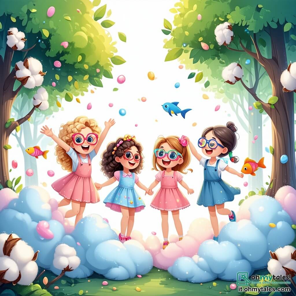 In un parco incantato dai colori vivaci, quattro ragazze di nove anni stanno insieme, circondate da alberi con foglie di zucchero filato. **Sara** ha i capelli ricci e dorati, sorride e danza gioiosamente su una nuvola di panna montata, con le braccia alzate. **Martina**, con gli occhiali colorati e le trecce, ride di gusto mentre tiene un pesce di plastica, pronta a scatenarsi in una danza stravagante. **Giulia**, con una maglietta a motivi di puzzle, si piega in avanti, ridendo mentre cerca di mangiare un gelato gigante con il naso. **Alessia**, che usa una sedia a rotelle decorata con adesivi colorati, applaude entusiasta, con gli occhi brillanti di gioia. Il cielo è di un viola splendente, costellato di stelle scintillanti, e una grande torta parlante, con occhi tondi e un sorriso dolce, si trova accanto a un drago danzante che sputa coriandoli multicolori. La scena rappresenta il momento in cui le quattro amiche si preparano ad affrontare la sfida del "Gioco Assurdo", circondate da risate e magia, pronte a vivere un'avventura incredibile in questo mondo stravagante.