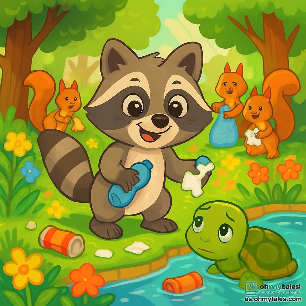 Un joven mapache llamado Rolo, con ojos brillantes y pelaje gris y marrón, está alegremente al borde de un charco, sonriendo con determinación. Recoge basura con sus pequeñas patas, rodeado de flores coloridas y hojas verdes brillantes. A su lado, una tortuga de caparazón verde y marrón, con una mirada triste, nada lentamente en el agua clara, observando a Rolo con esperanza. Un grupo de amigos, ardillas de ojos vivos y colas esponjosas, está en el fondo, ayudando a recoger basura, con rostros radiantes de orgullo y entusiasmo. El lugar es una hermosa reserva natural, con grandes árboles de troncos robustos, rayos de sol filtrándose a través del follaje y flores silvestres coloridas bordeando el camino. La situación principal muestra a Rolo y sus amigos limpiando el charco, transformando un lugar sucio en un hábitat sano y alegre para los animales, ilustrando la importancia de cuidar la naturaleza.
