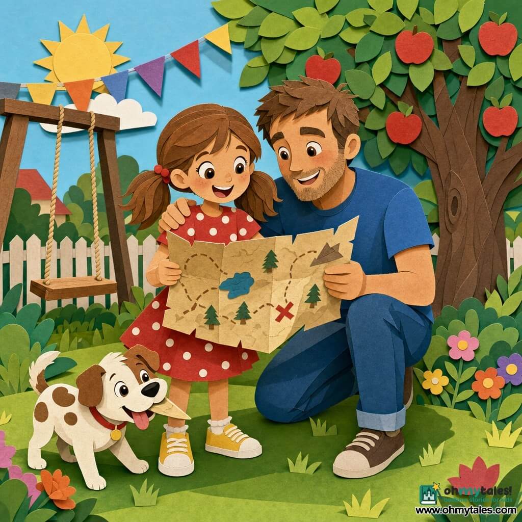 An 8-year-old girl, happy and mischievous, light-brown pigtails, bright round eyes, wearing a red polka-dot dress and yellow sneakers, holds a large folded parchment like a treasure map; a father in his 40s with a short beard, smiling, in a blue t-shirt and jeans kneels beside her with his arm around her to read the map; a small white-and-brown spotted puppy tugs at the map near the girl's feet; setting: sunny backyard with green lawn, wooden swing, colorful bunting and a large apple tree, layered cut-paper textures and soft shadows; scene: the family discovers the final clue in a Father's Day treasure hunt, joyful expressions, centered composition, bright colors and simple shapes in a childlike cut-paper style with warm morning light.