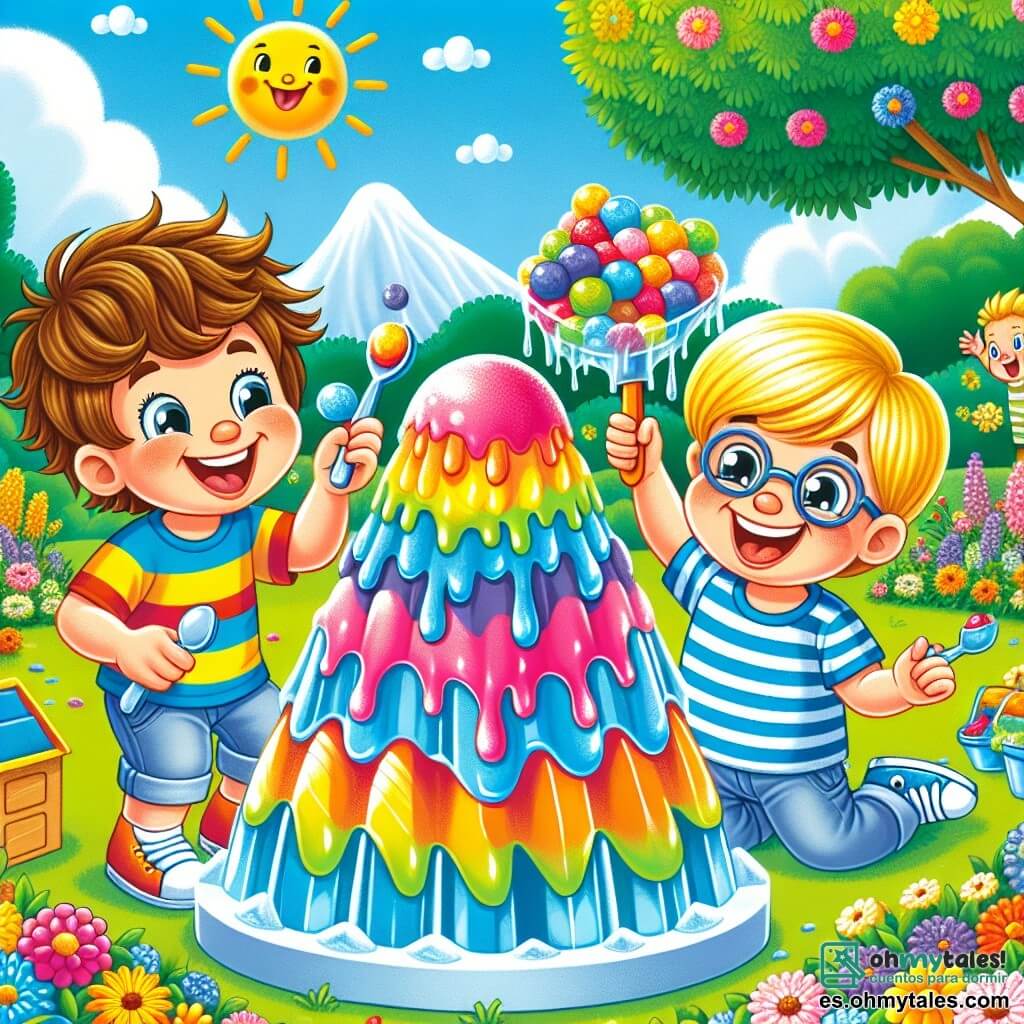 Un niño de 8 años, Lucas, con el cabello castaño desordenado y ojos chispeantes de travesura, está disfrutando de una montaña de helado multicolor, su rostro radiante de alegría y emoción. A su lado, su amigo Leo, un niño de 8 años con cabello rubio y gafas redondas, lo anima con una gran sonrisa, sosteniendo una pequeña pala de juguete. El escenario se encuentra en un parque soleado, lleno de flores coloridas y risas de niños, con una gran montaña de helado de tonos vivos, como un arcoíris, que se derrite ligeramente bajo el sol. La escena muestra a Lucas pescando bolas de helado con una gran cuchara, mientras ríos de helado colorido fluyen a su alrededor, creando un ambiente alegre y juguetón.