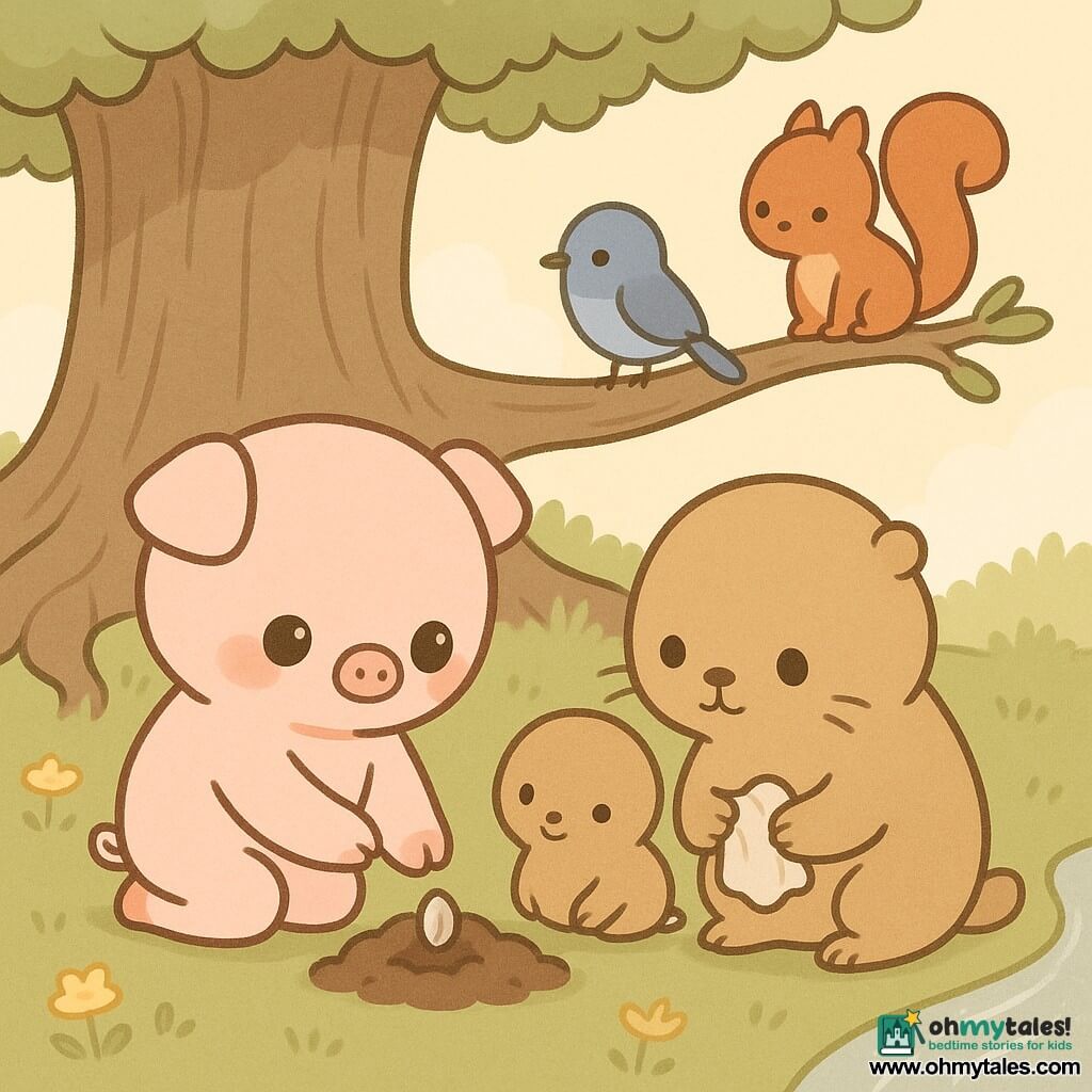 A pale pink fluffy pig kneels, placing a silver seed into dark soil while a round light-brown marmot with twitching whiskers tenderly watches, holding a crumpled silk beside it; a blue nightingale and a red squirrel stand calmly in the background on low roots and a nearby branch. The scene is at the base of a large ancient oak with gnarled roots, soft green grass, small yellow flowers and a sparkling stream, bathed in soft morning light and a pastel sky. It shows the planting of a "seed of peace": gentle gestures, peaceful faces, a welcoming, magical atmosphere with warm colors and soft contrasts, composed for children.