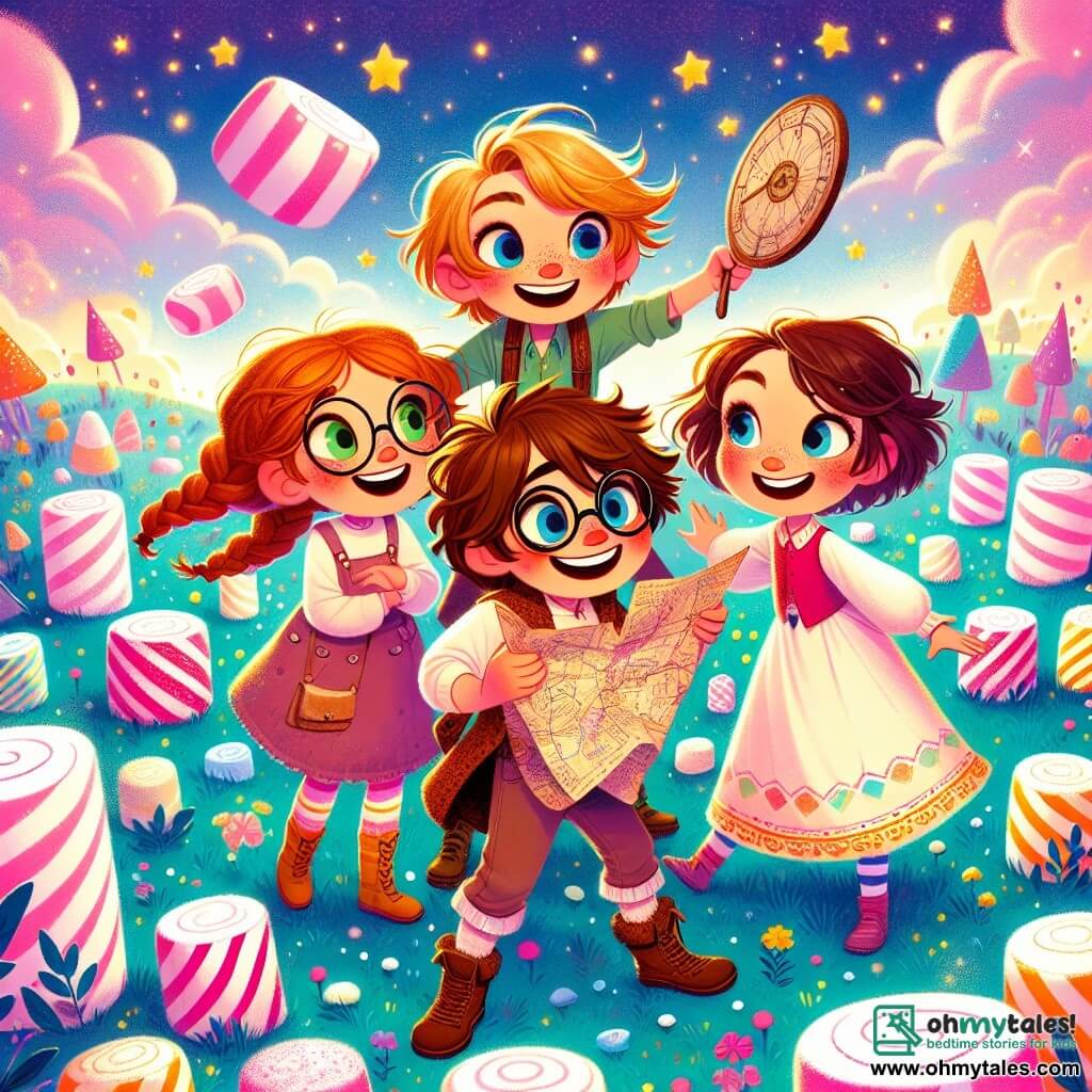 In a field of giant marshmallows, four children stand together, surrounded by bright colors and sweets. Felix, a 12-year-old boy with messy hair and round glasses, holds an old starry pillow, his eyes wide with wonder. Lila, an 11-year-old girl with braided brown hair and glasses, smiles while examining a map next to Felix, her arms crossed. Kai, also 12, has tousled blonde hair and a mischievous grin as he joyfully jumps, ready to leap onto a marshmallow. Molly, a 10-year-old girl with curly hair and a colorful dress, dances around them with her arms raised, full of joy. The scene is a fantastical landscape with a polka-dotted pink sky, marshmallow clouds, and candy trees sparkling in the sun. The ground is covered in fluffy marshmallows, and in the distance, a chocolate river flows gently. The main focus shows the children discovering a magical portal opening before them, emitting a bright blue glow, while marshmallow bubbles float around, creating an atmosphere of magic and adventure.