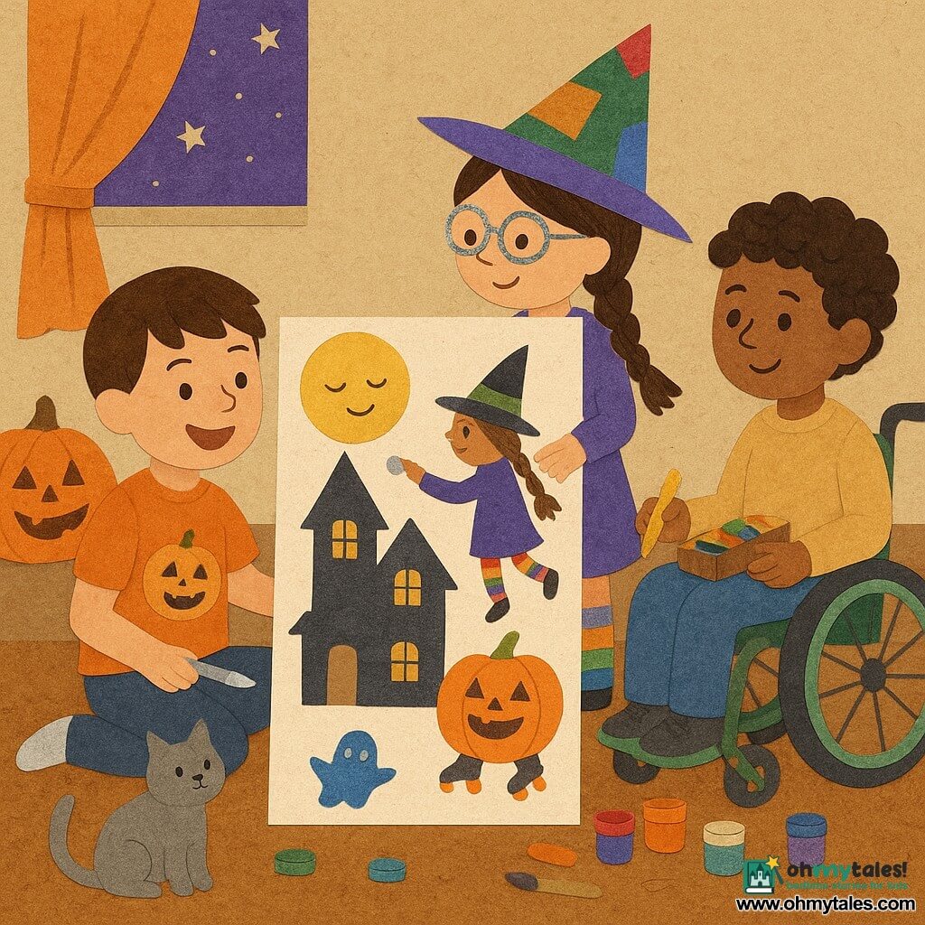 Three children paint a large Halloween poster on the floor of a warm late-afternoon living room: Milo, about 8, with short brown hair and an orange pumpkin T‑shirt sits left holding a brush with silver paint and grinning; Lila, about 7, with long braided hair, sparkly glasses and a colorful witch hat stands center sticking a moon sticker; Sam, about 9, with curly hair in a wheelchair with green wheels sits right holding a box of crayons and painting a small pumpkin wagon; the poster shows a smiling haunted house, a sleepy moon, a witch with rainbow socks and a pumpkin on rollers; nearby a small grey cat, Mrs. Whiskers, watches and a blue ghost-shaped fingertip print appears at the poster’s lower corner; the cozy room has a rough soft rug, a wooden coffee table with scattered paint pots, orange curtains, a lit jack-o'-lantern lantern and a window with a purple starry sky; the artwork is a paper collage style with torn textured edges, layered colored papers, drawn stitches, bold simple lines and warm soft light.