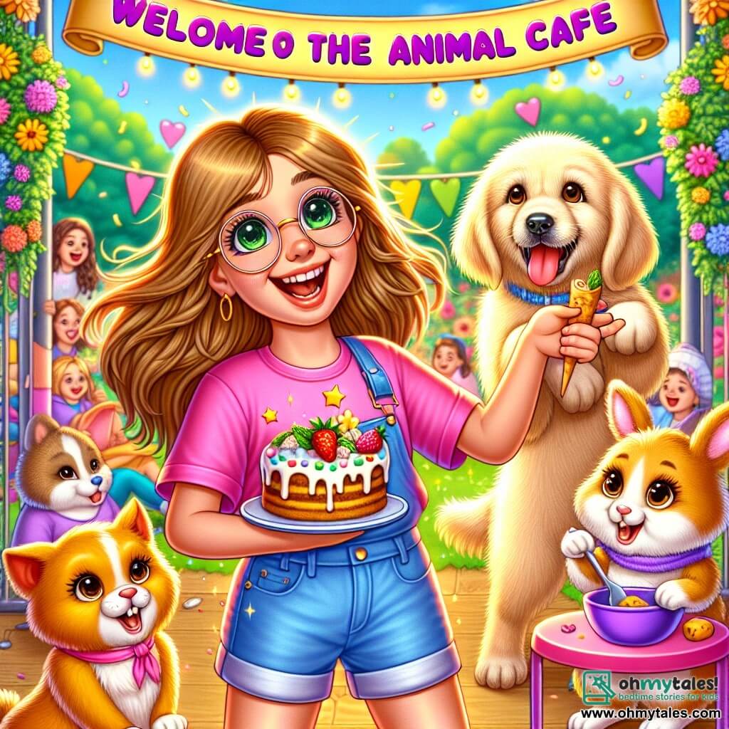 A 12-year-old girl with long brown hair and round glasses smiles joyfully while holding a colorful sign that says "Welcome to the Animal Café." She is wearing a pink t-shirt and denim shorts, surrounded by her animal friends. Next to her, a cheerful golden retriever with shiny golden fur and a hanging tongue is serving a slice of pizza to a child, looking enthusiastic and amused. A small rabbit with big ears, white fur, and brown spots is preparing a carrot cake at a small table, its eyes sparkling with concentration. The setting is a sunny garden filled with colorful flowers and string lights hanging from the trees, creating a festive and warm atmosphere. The scene depicts the joyful opening of an animal café, where children laugh and have fun while the animals busily serve delicious treats in a happy and friendly environment.