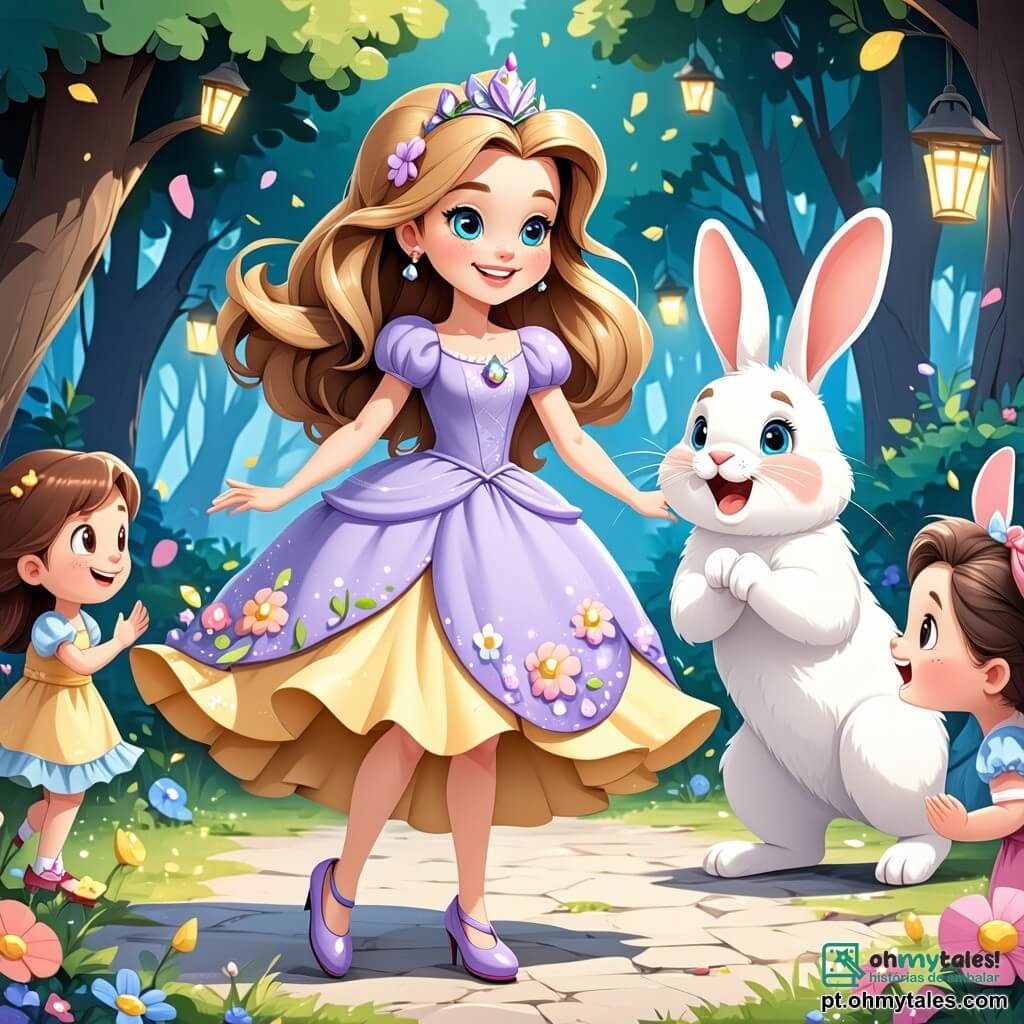 A princesa Lili, uma menina de cerca de 8 anos com longos cabelos dourados e um vestido colorido adornado com flores, está no centro do palco, com os olhos brilhando de excitação e um grande sorriso no rosto. Ela dança alegremente, cercada por seus amigos. À sua direita, Pipo, um coelho travesso com grandes orelhas e pelagem branca, salta animadamente, com os olhos brilhando de malícia. À sua esquerda, Caco, um sapo verde com manchas amarelas, tenta fazer uma pirueta, mas cai em um monte de flores, fazendo todos rirem. Ao fundo, uma montanha mágica se ergue majestosa, coberta de flores coloridas e grandes árvores com folhas cintilantes. O céu é de um azul radiante, salpicado de nuvens brancas e fofas, e fadas com asas brilhantes dançam ao redor, adicionando um toque de magia à cena. A situação principal mostra Lili e seus amigos celebrando uma festa alegre neste reino encantado, cheios de risadas e felicidade, enquanto dançam juntos sob o sol radiante.