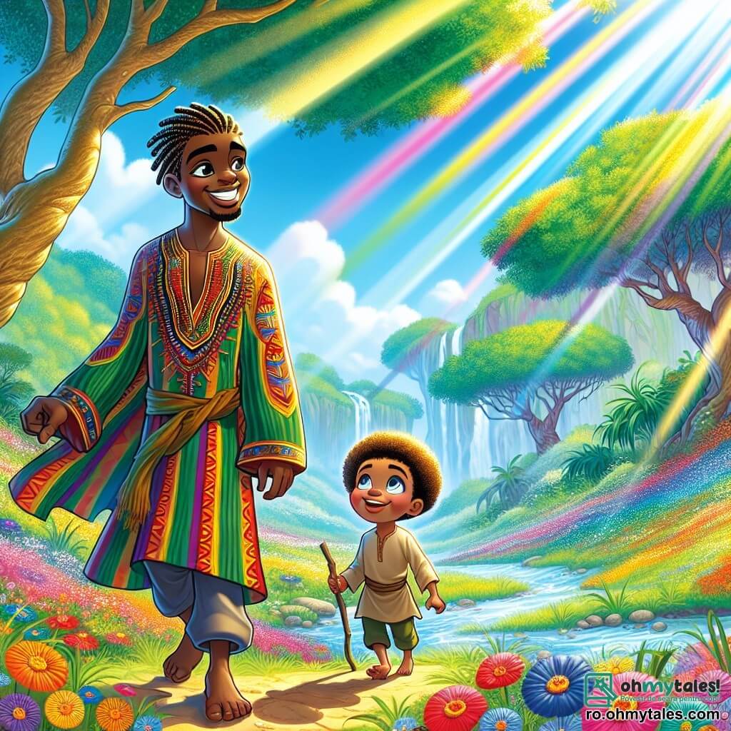Kwame, un tânăr cu un zâmbet strălucitor și ochi plini de determinare, stă în centrul scenei. Poartă o tunică din țesătură colorată, decorată cu motive africane vibrante, iar părul îi este împletit cu grijă. Se uită în jur cu o expresie de speranță și curaj, pregătit să-și caute fratele. Lângă el, Kobi, un băiat de opt ani, cu părul creț și obrașe rotunzi, își admiră fratele. Poartă o tunică simplă și ține în mână un băț de lemn, simbol al inocenței și dorinței de aventură. Kobi stă puțin în spate, dar privirea lui este plină de încredere în Kwame. Scena are loc în minunata Vale de Timpului, un peisaj fermecător cu copaci măreți și frunze verzi strălucitoare, sub un cer albastru radiant. Razele soarelui filtrează printre crengi, creând modele de lumină dansante pe pământ. Flori colorate împânzesc solul, adăugând o notă de magie mediului. Kwame și Kobi se pregătesc să intre în pădurea misterioasă, unde îi așteaptă legende vechi și povești de familie. Aerul este plin de aventură și descoperire, în timp ce cei doi frați sunt pregătiți să înfrunte provocările ce îi așteaptă.