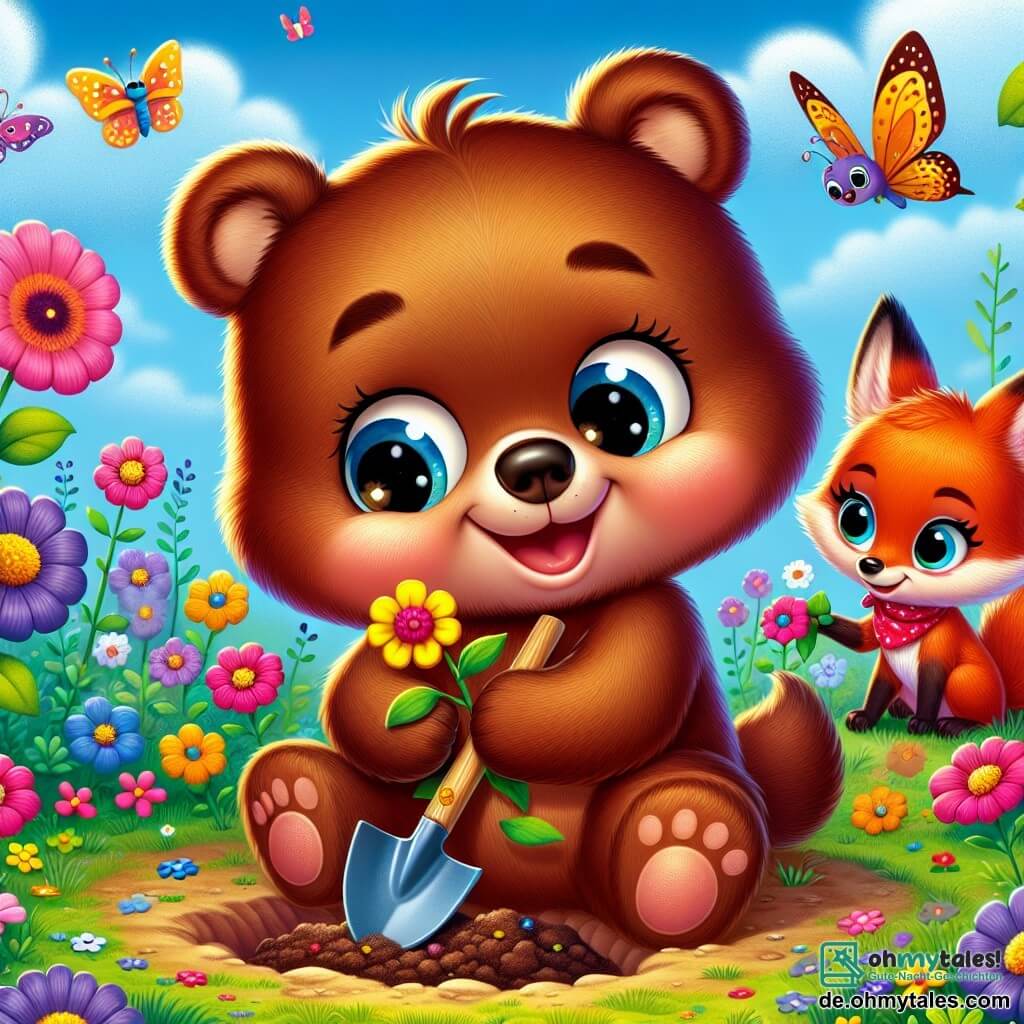 Benny, ein kleiner brauner Bär mit funkelnden Augen und einem fröhlichen Lächeln, pflanzt eine leuchtend gelbe Blume in einem bunten Garten. Er sitzt auf seinen Hinterbeinen, mit einer kleinen Holzschaufel in seinen Vorderpfoten, und zeigt eine Ausdruck von Aufregung und Stolz. Neben ihm beobachtet Lila, eine kleine Füchsin mit lebhaftem rotem Fell und großen neugierigen Ohren, staunend mit leuchtenden Augen, während sie eine Blume in ihrer Pfote hält. Der Garten ist voller bunten Blumen, schwirrenden Schmetterlingen und einem klaren blauen Himmel mit flauschigen weißen Wolken. Die Szene strahlt eine Atmosphäre des Glücks und der Kameradschaft aus und zeigt den magischen Moment, in dem die Freunde den Frühling feiern, indem sie gemeinsam Blumen pflanzen.
