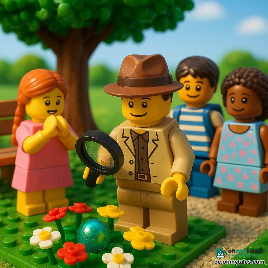 Ein LEGO-Diorama zeigt den Detektiv Max mit braunem Hut und beigem Mantel, lächelnd und konzentriert, mit Lupe gebeugt über ein Blumenbeet, aus dem er eine glänzende blau-grüne Murmel zieht; links auf einer Bank steht die etwa 7-jährige Lili mit langer Zopf, pinkem Kleid und strahlendem Gesicht, die Hände vor dem Mund, rechts leicht zurückversetzt der etwa 8-jährige Ben mit gestreiftem T‑Shirt und offenem Rucksack, erleichtert und schüchtern, und vom Kiesweg nähert sich die etwa 7-jährige Mia im geblümten Kleid schüchtern lächelnd; sonniger kleiner Park mit großem Laubbaum, Holzbank, buntem Blumenbeet aus LEGO-Tulpen und Gänseblümchen, grüner Rasen, klare Kiesallee, lebhafte Farben, warmes weiches Licht, sichtbare Steintexturen, Nahaufnahmen auf Gesichter und Murmel.